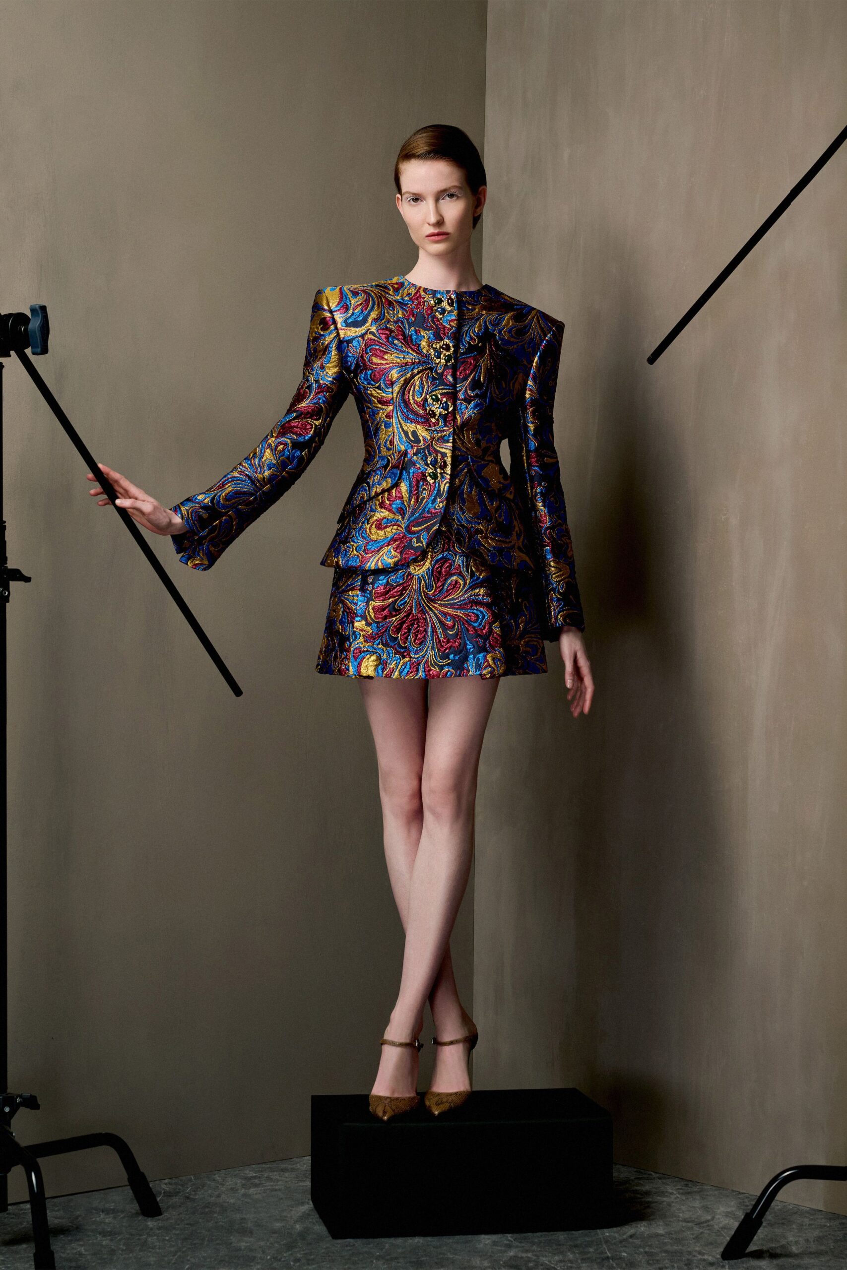 multi-colored embroidered blazer and mini skirt