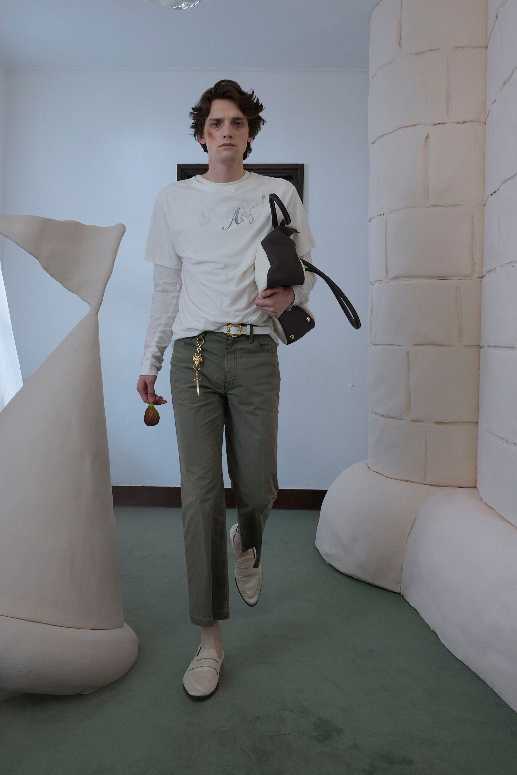 green cotton fitted straight-leg pants