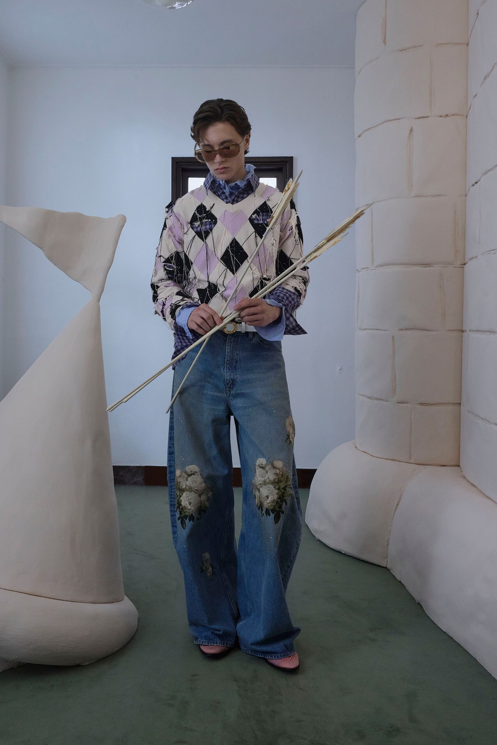 blue denim relaxed embroidered jeans