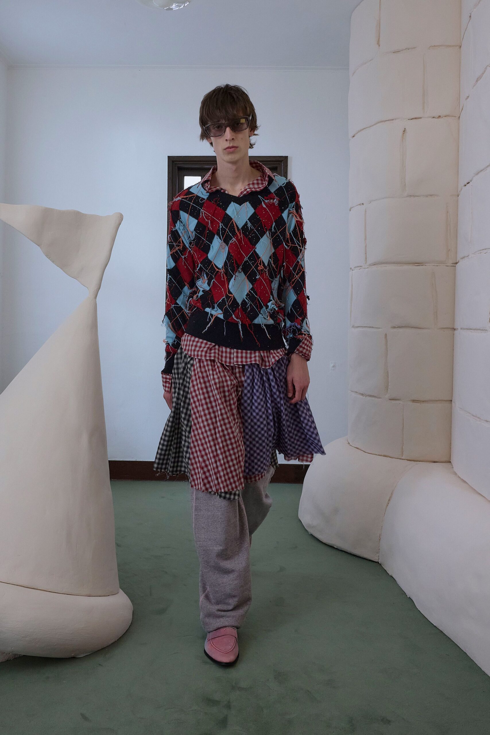blue cotton relaxed checked layered skirt