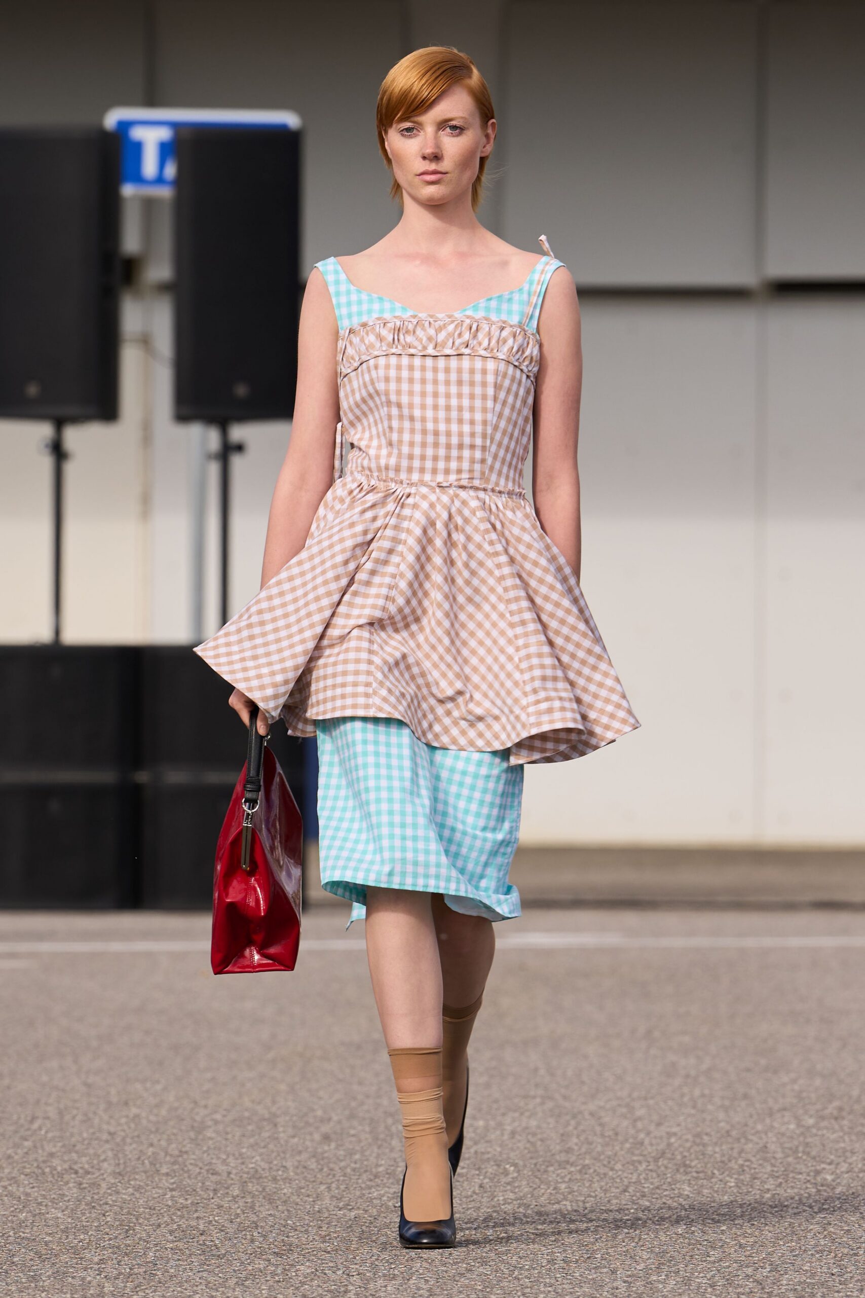 brown cotton sleeveless fitted checked pleated midi dress