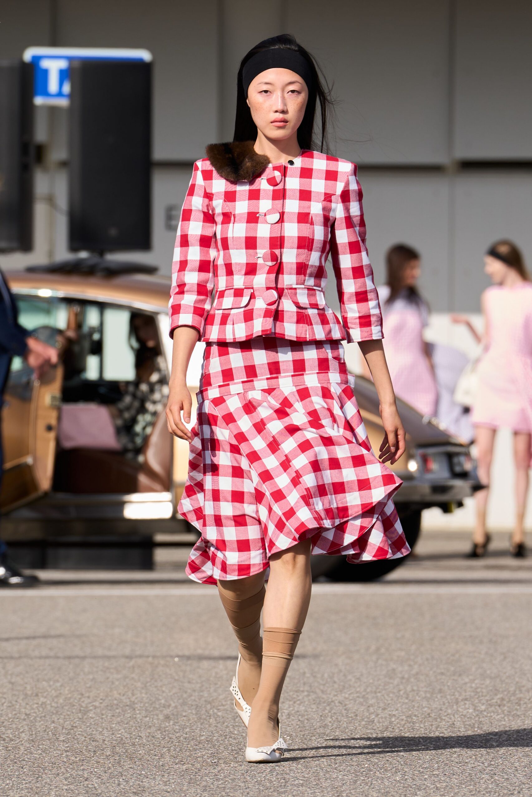 red fitted checked flared skirt