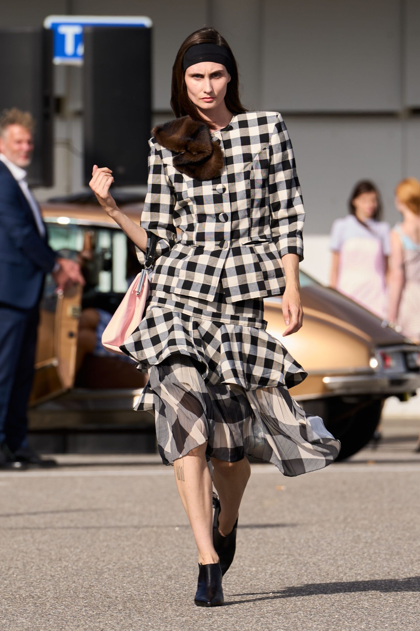 black cotton long-sleeve collared structured checked blazer