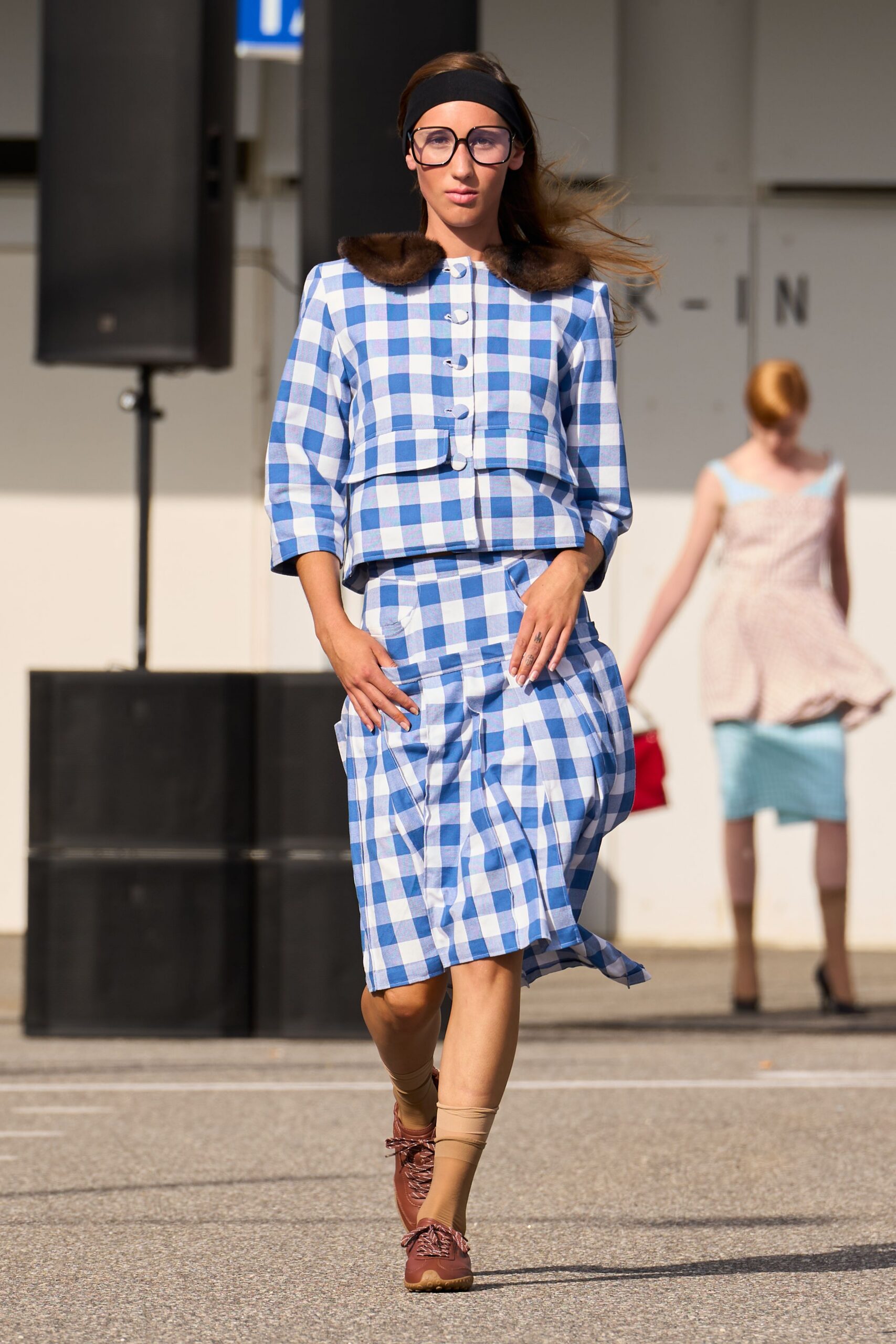 blue cotton fitted checked pleated skirt