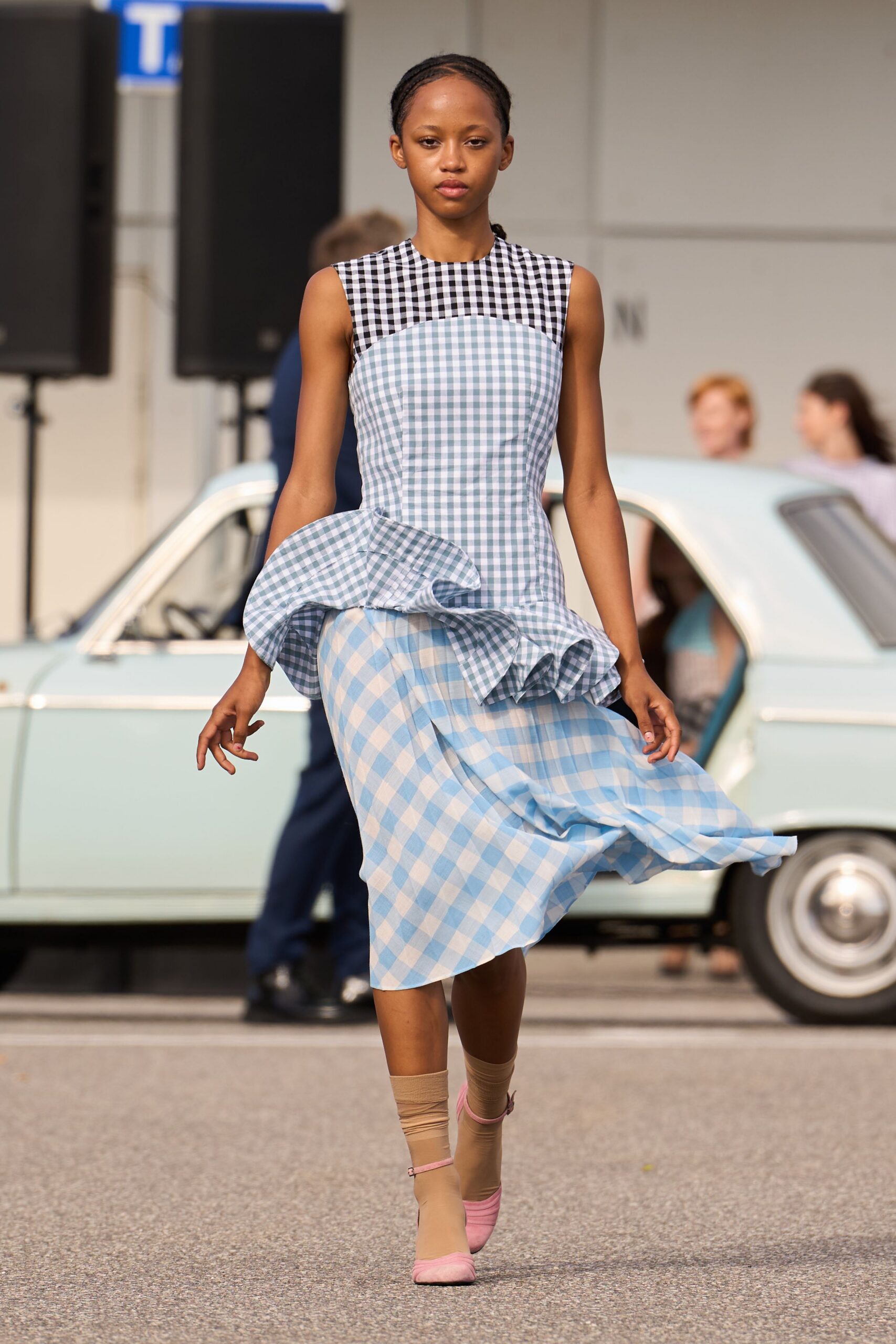 blue cotton sleeveless high-neck fitted checked pleated dress