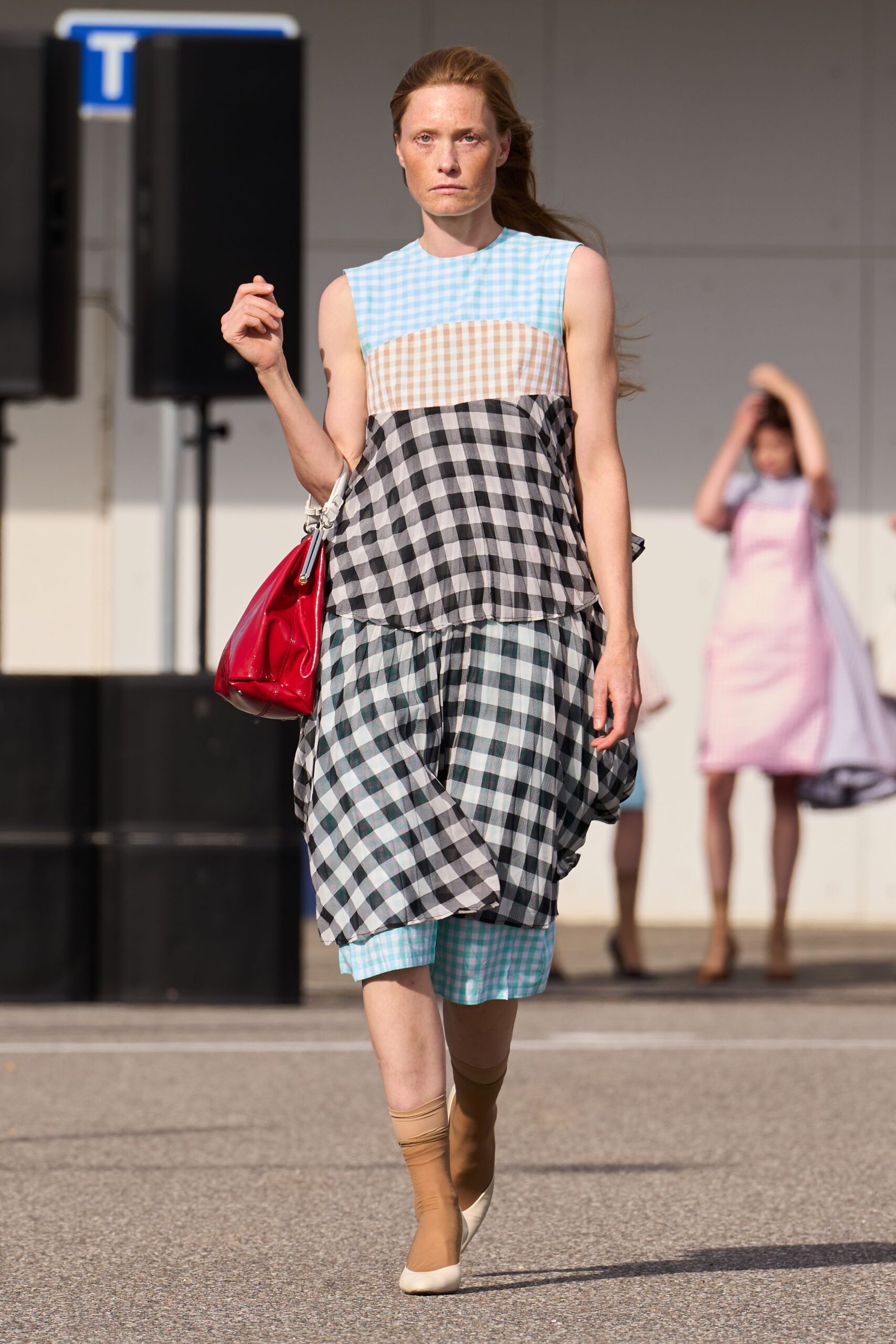 blue cotton sleeveless relaxed checked layered midi dress