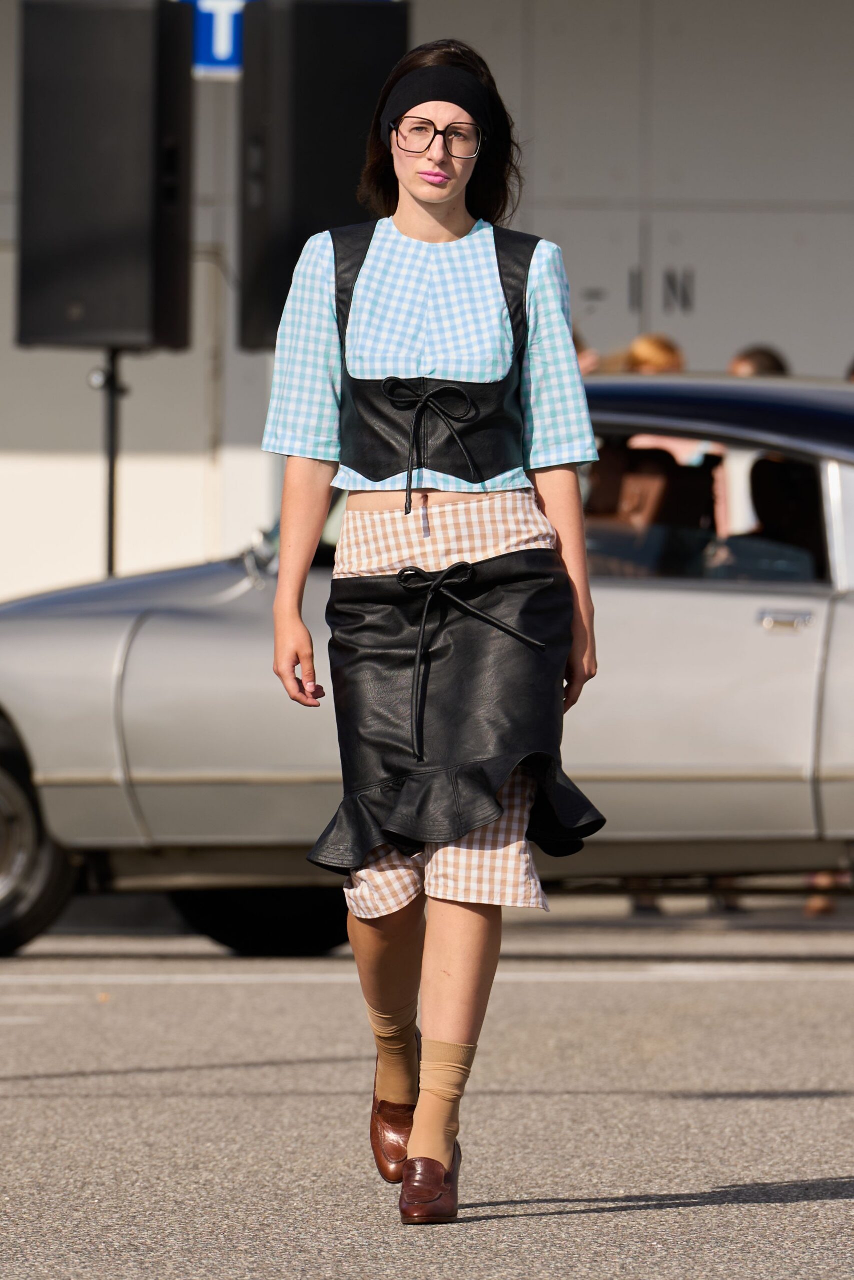 black leather fitted ruffled skirt