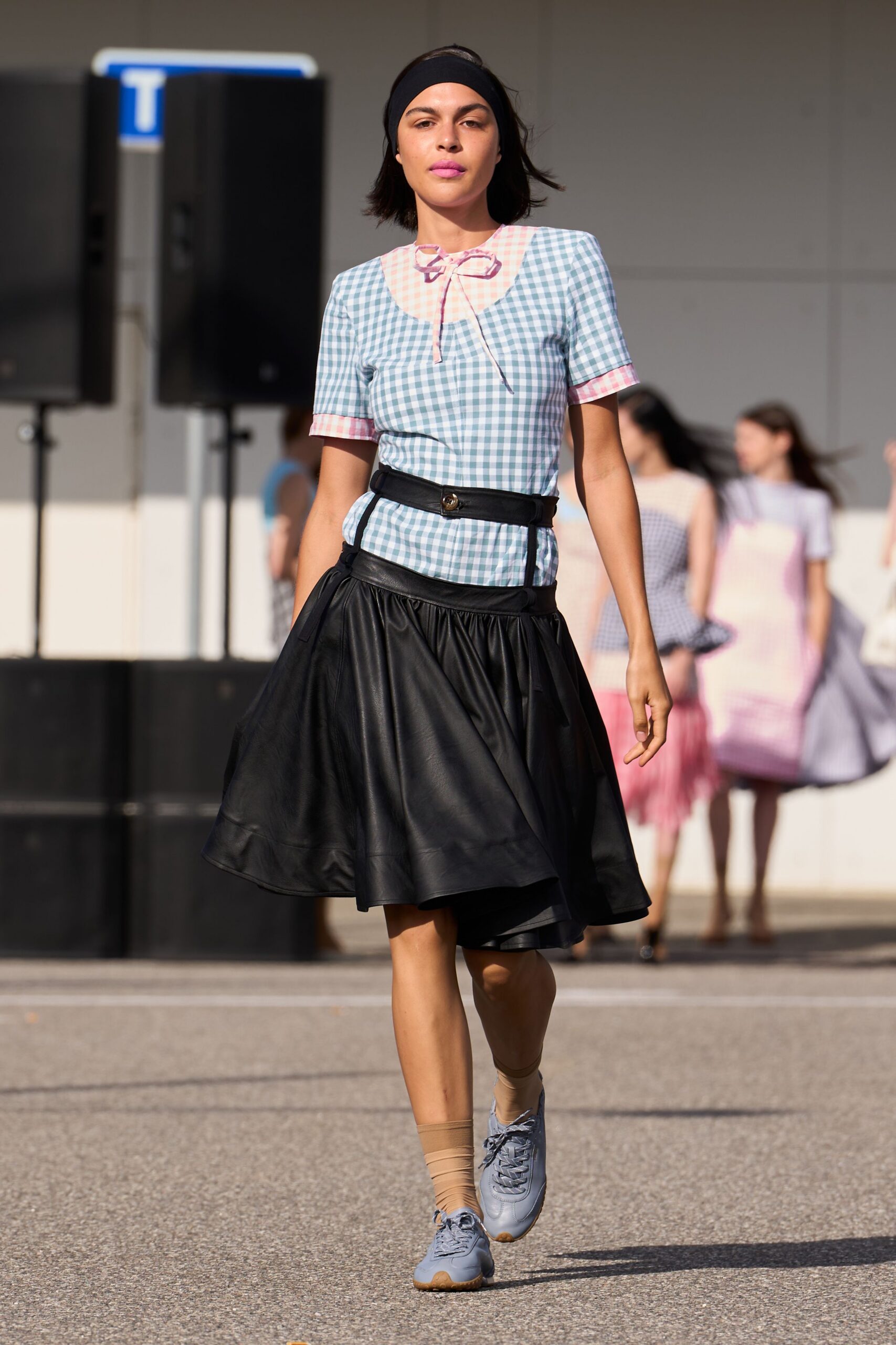 black leather fitted flared skirt