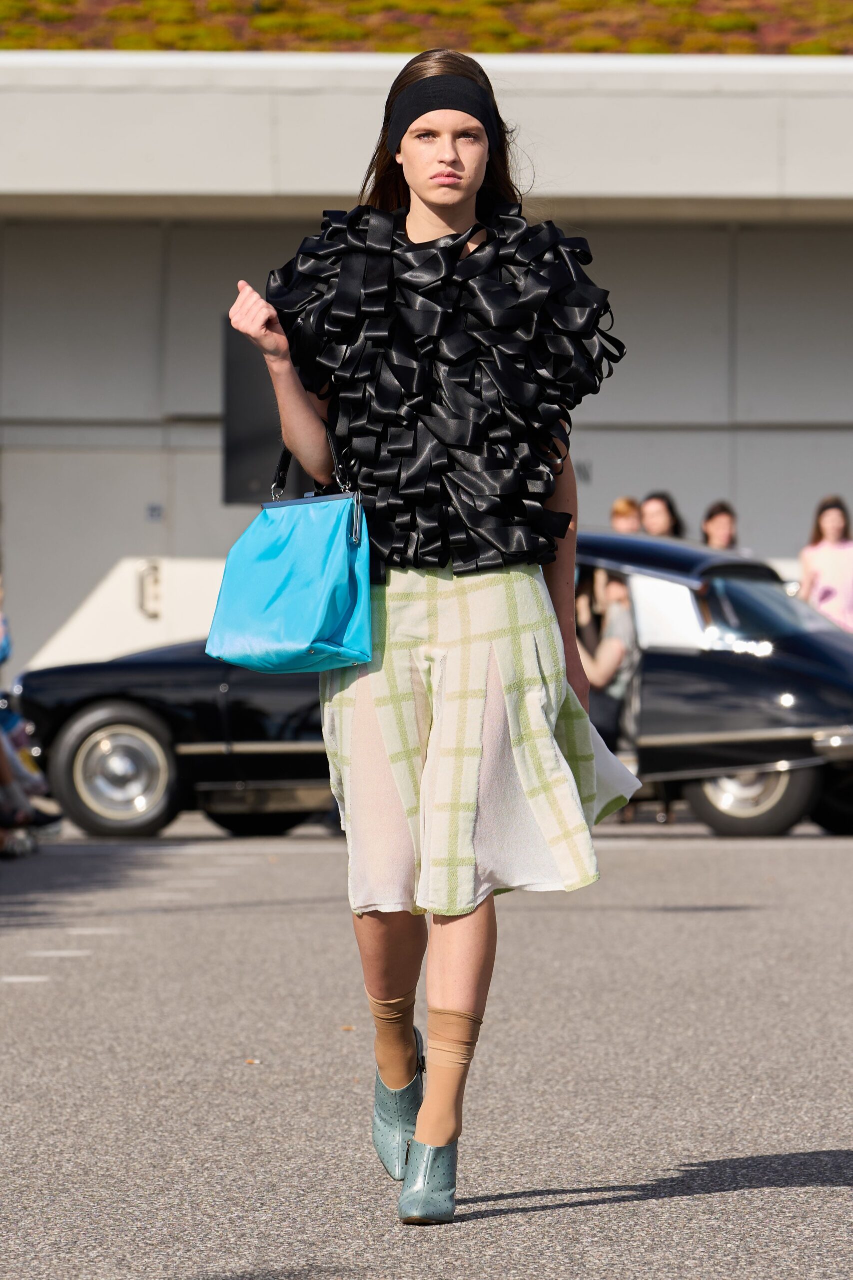 white chiffon relaxed checked pleated midi skirt