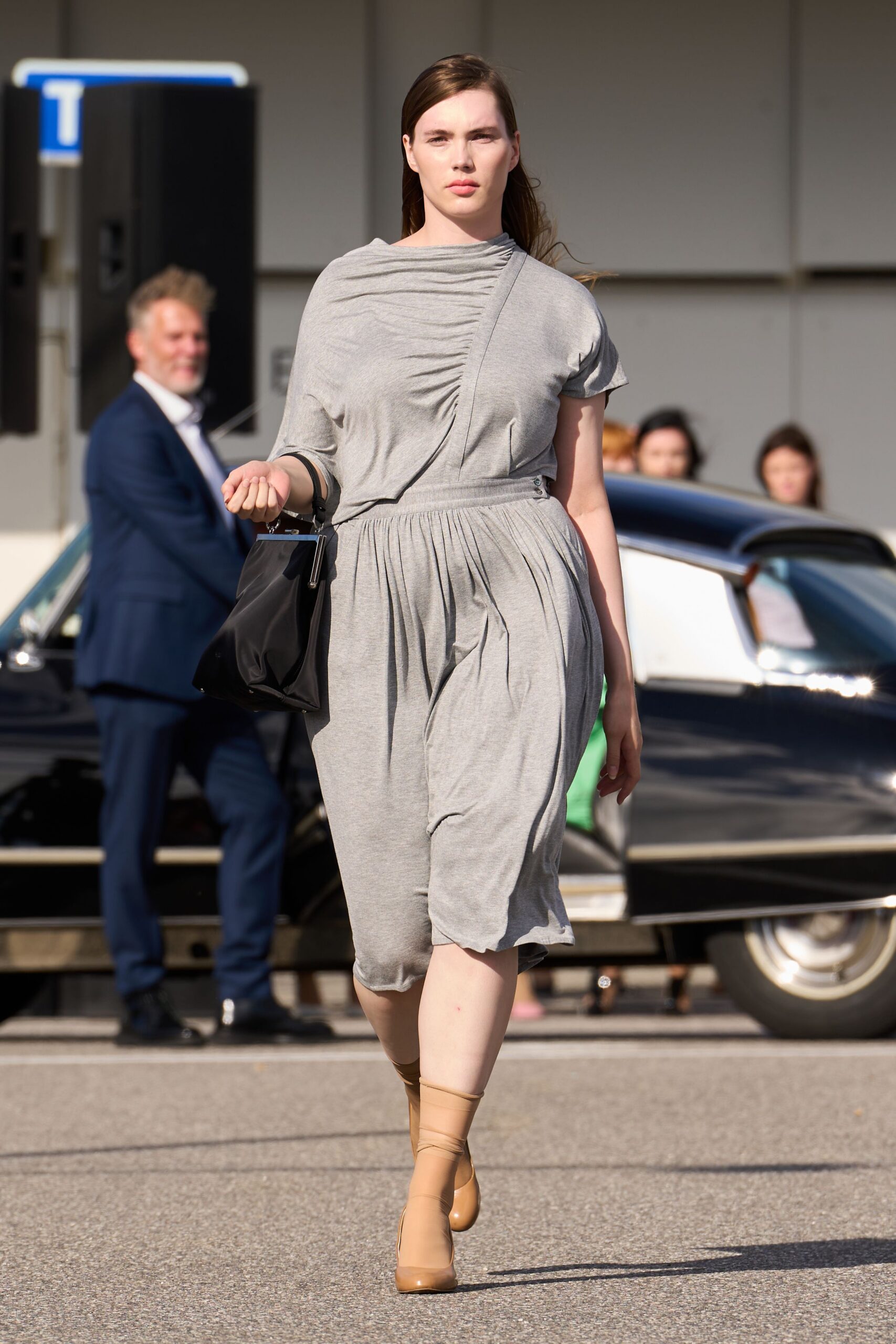 gray cotton sleeveless v-neck relaxed ruched midi dress