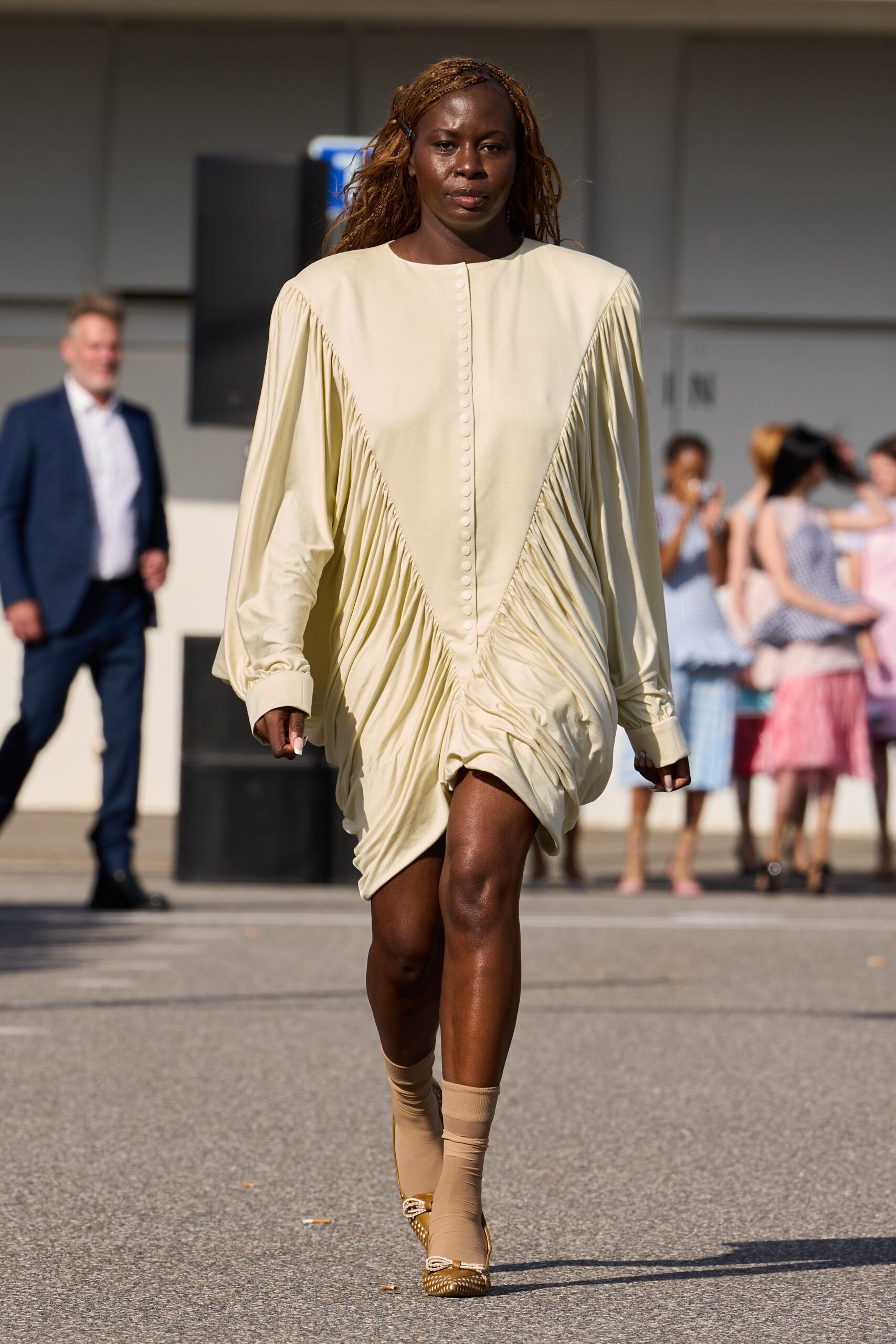 beige silk long-sleeve v-neck relaxed pleated draped dress
