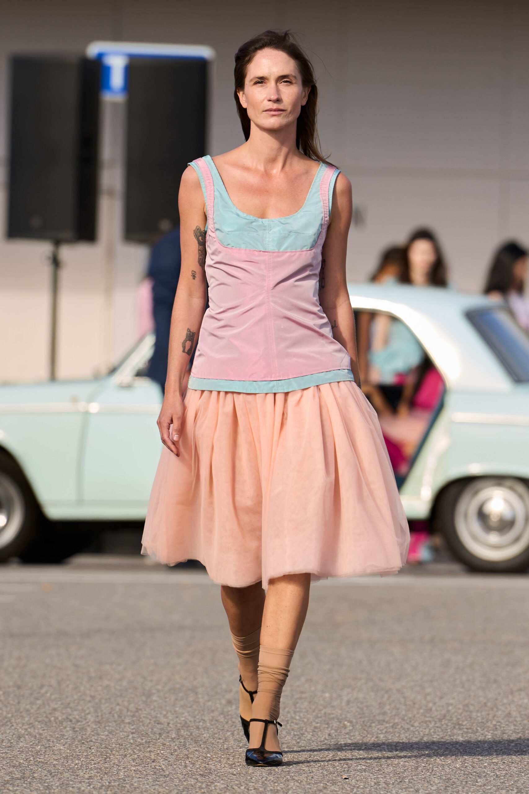 pink cotton sleeveless v-neck fitted pleated layered dress
