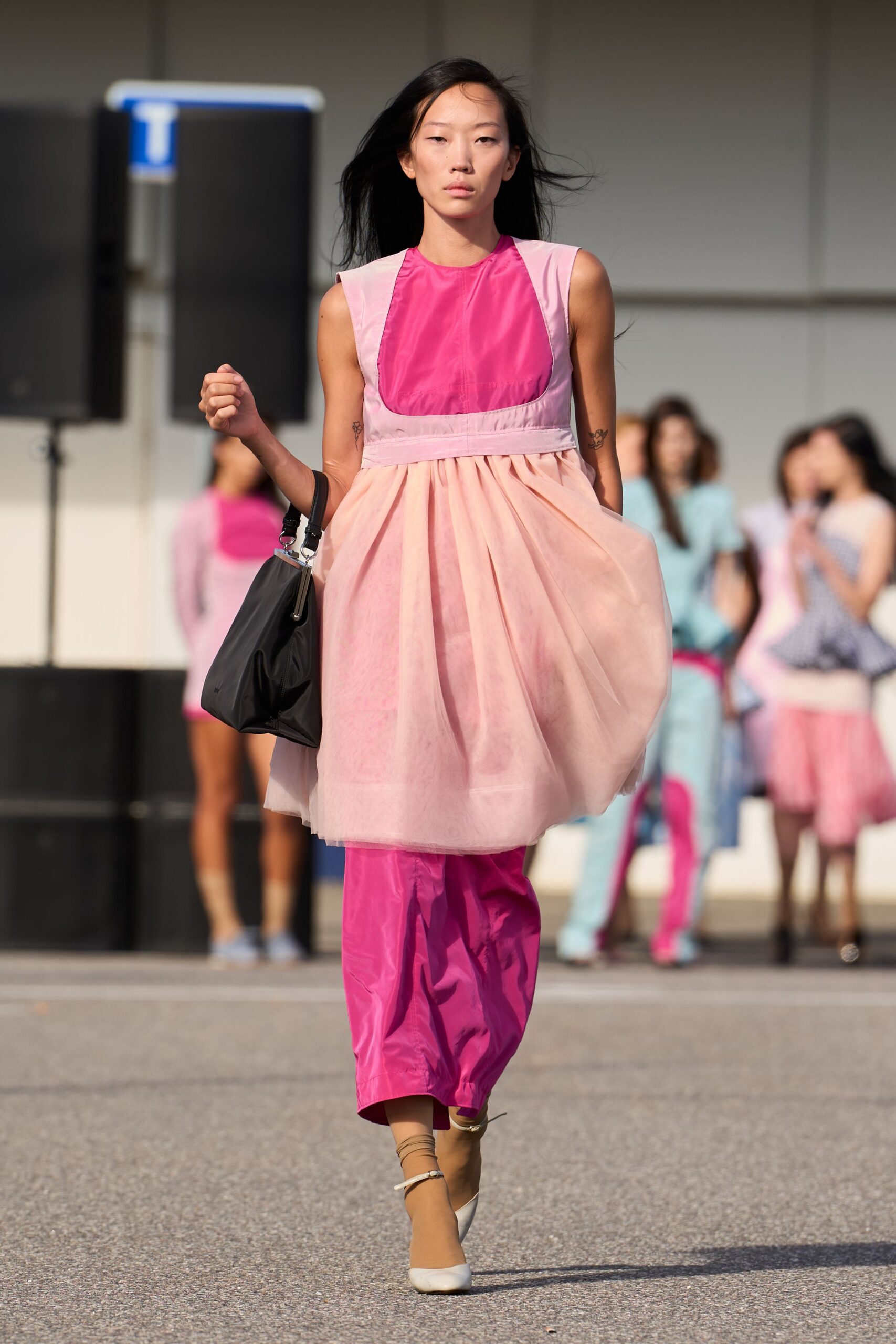 pink tulle sleeveless v-neck fitted layered flowing dress