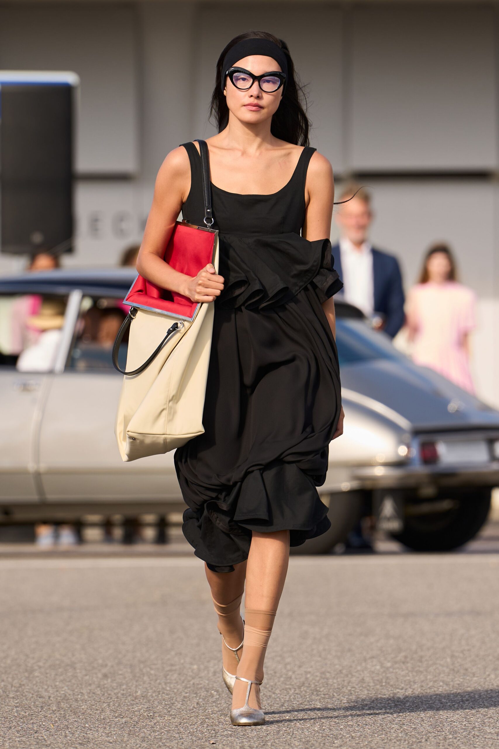 black cotton sleeveless square-neck fitted ruched midi dress