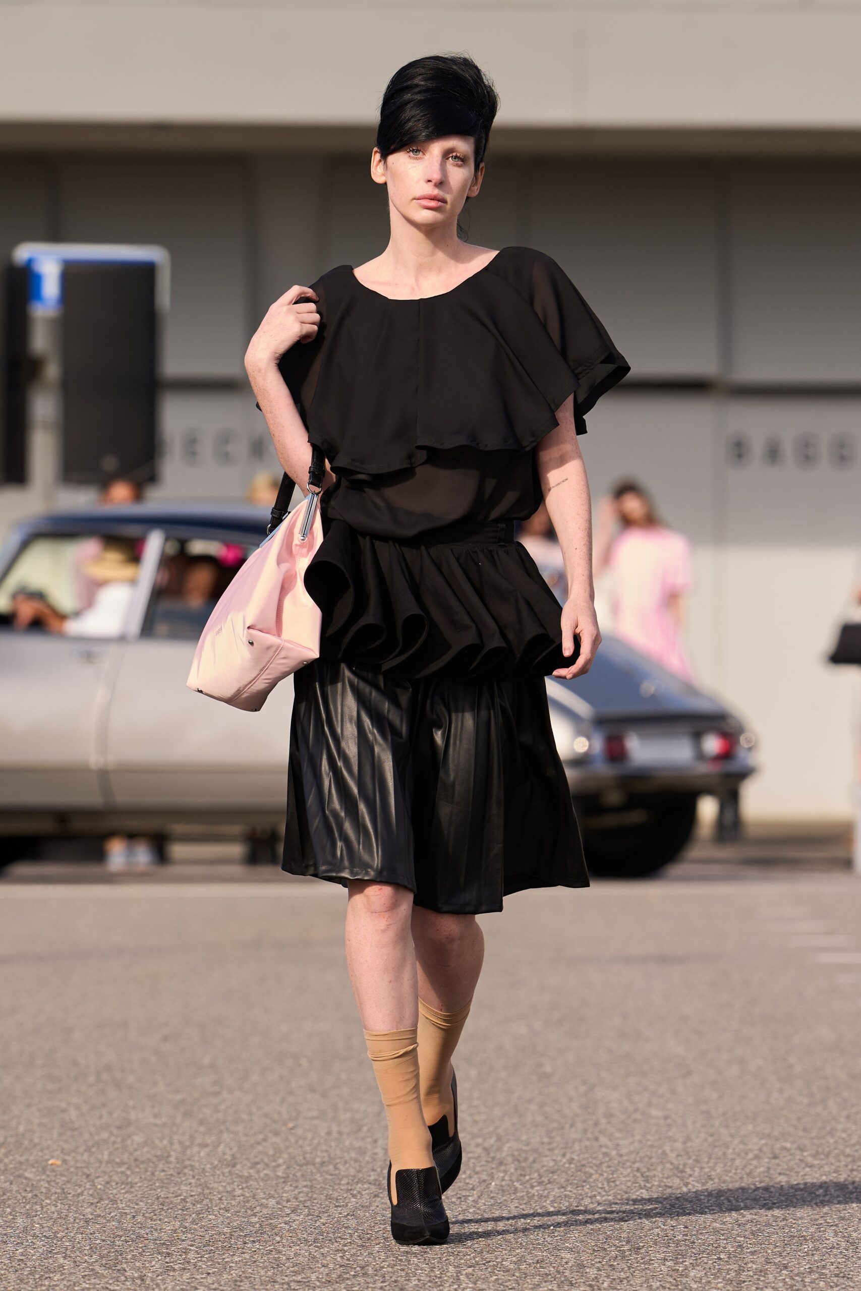 black silk short-sleeve scoop-neck fitted ruffled top