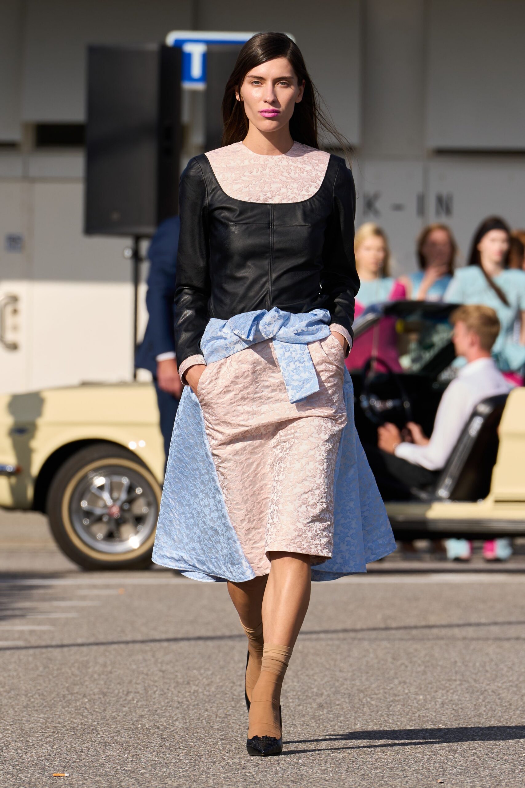 black leather long-sleeve scoop-neck fitted pleated layered dress