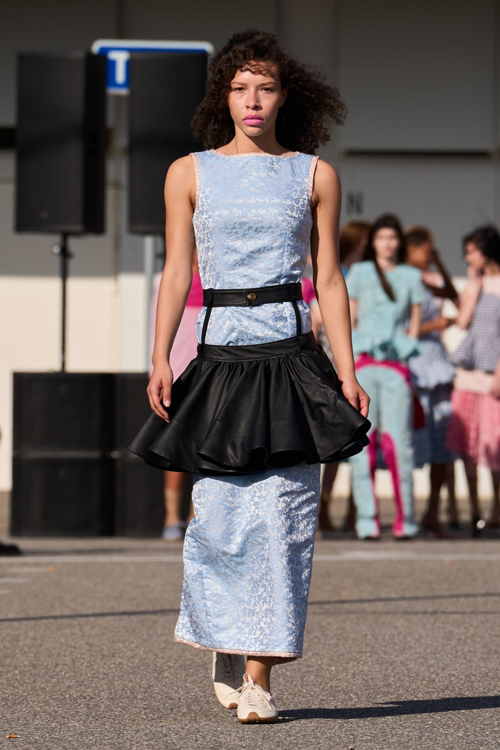 blue silk sleeveless high-neck fitted pleated tiered dress