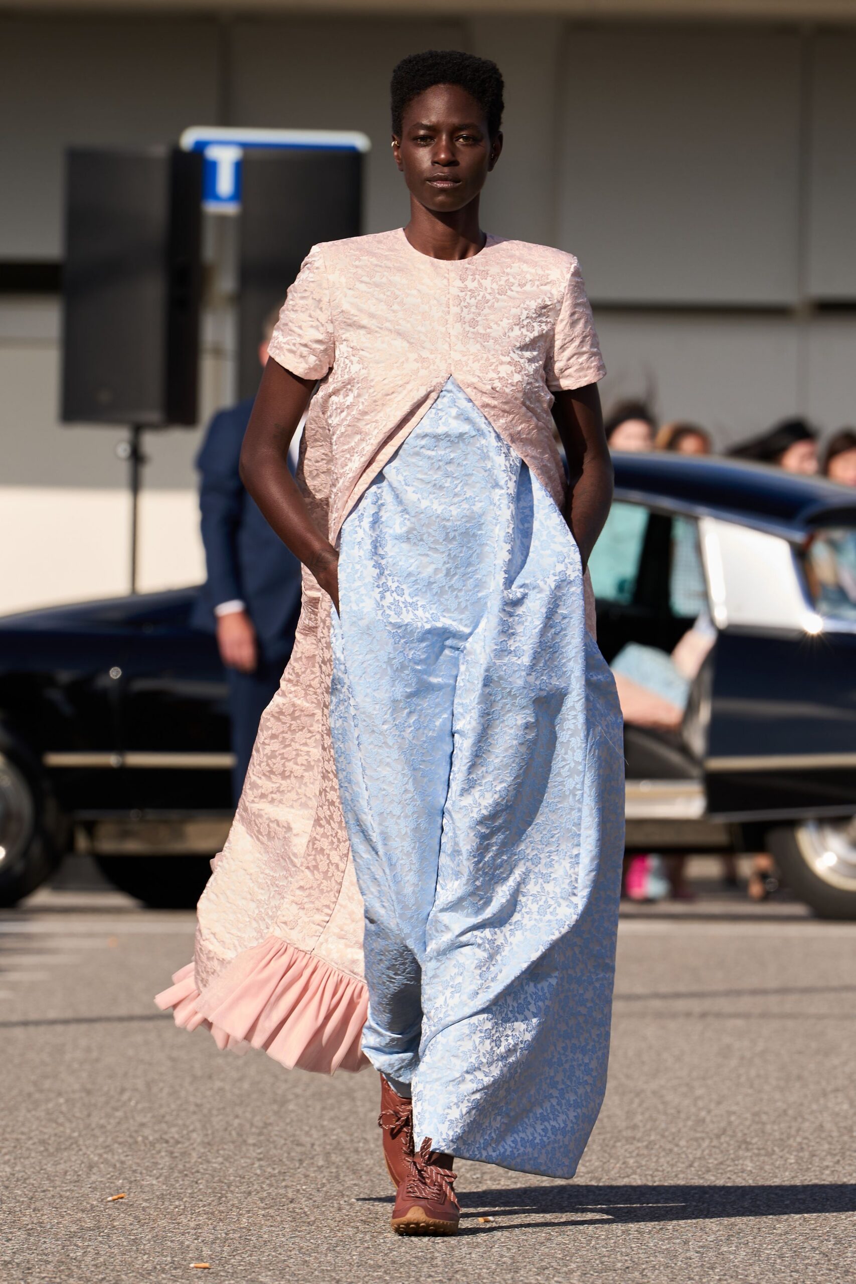 pink silk short-sleeve v-neck fitted pleated layered dress
