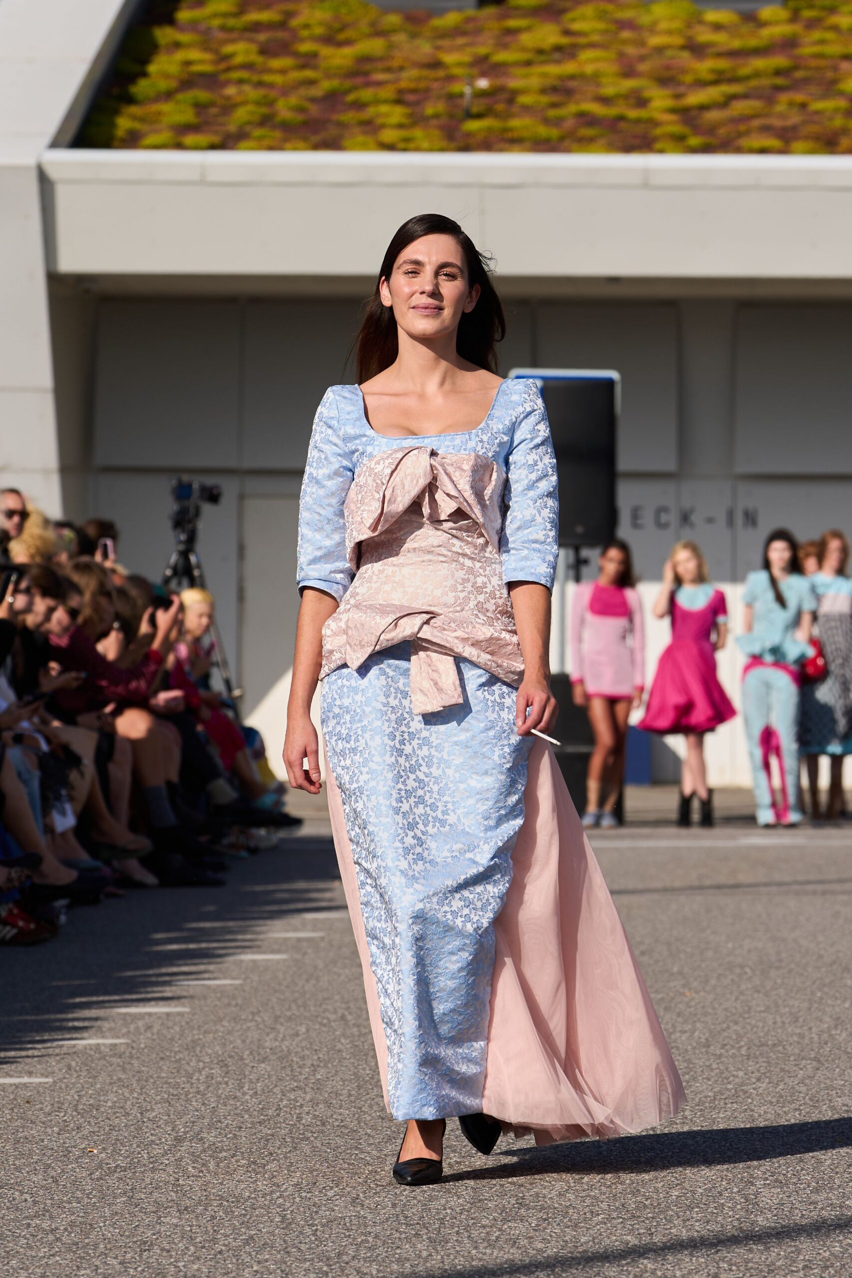 blue silk long-sleeve square-neck fitted pleated layered gown