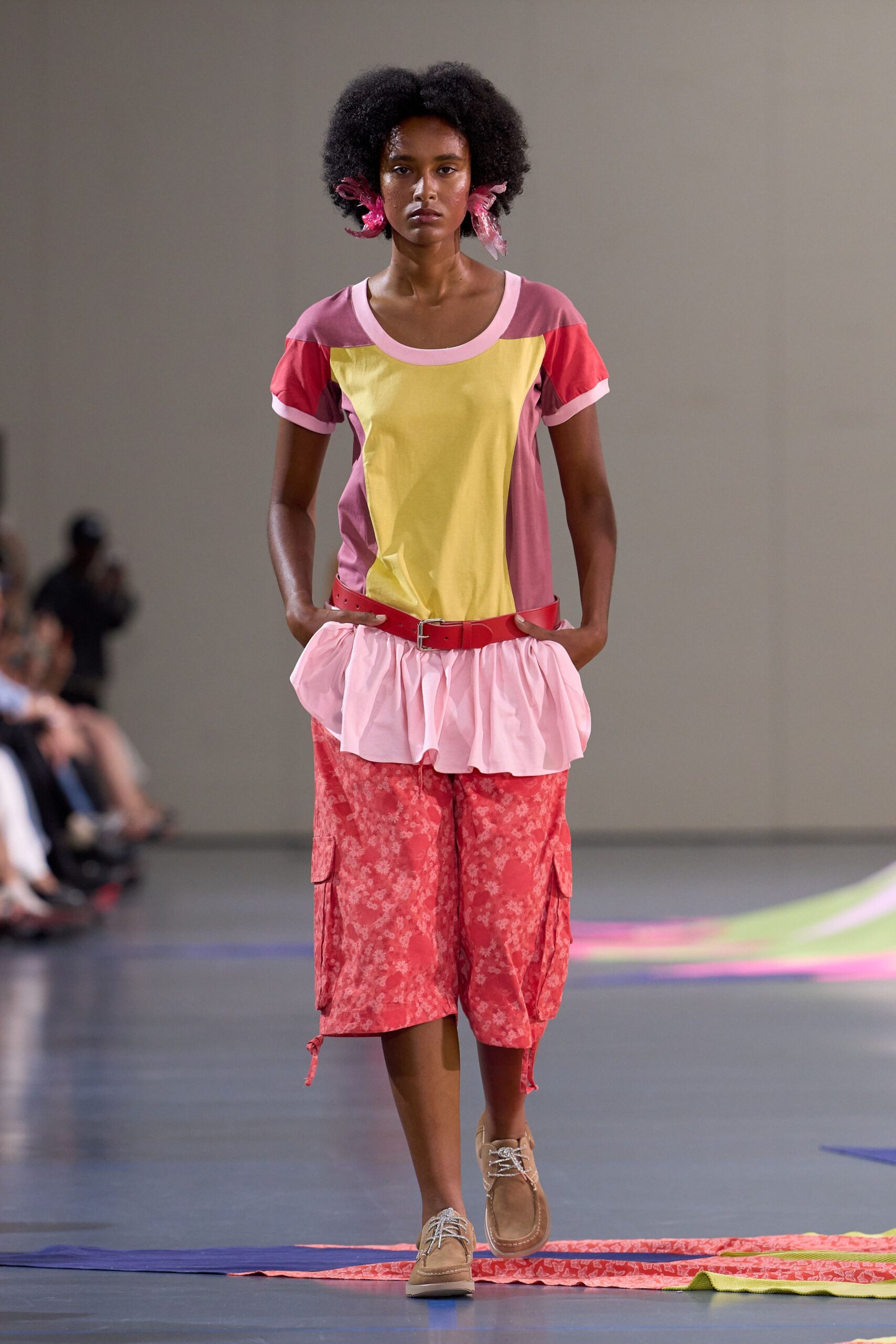 pink short-sleeve collared relaxed color-blocked top