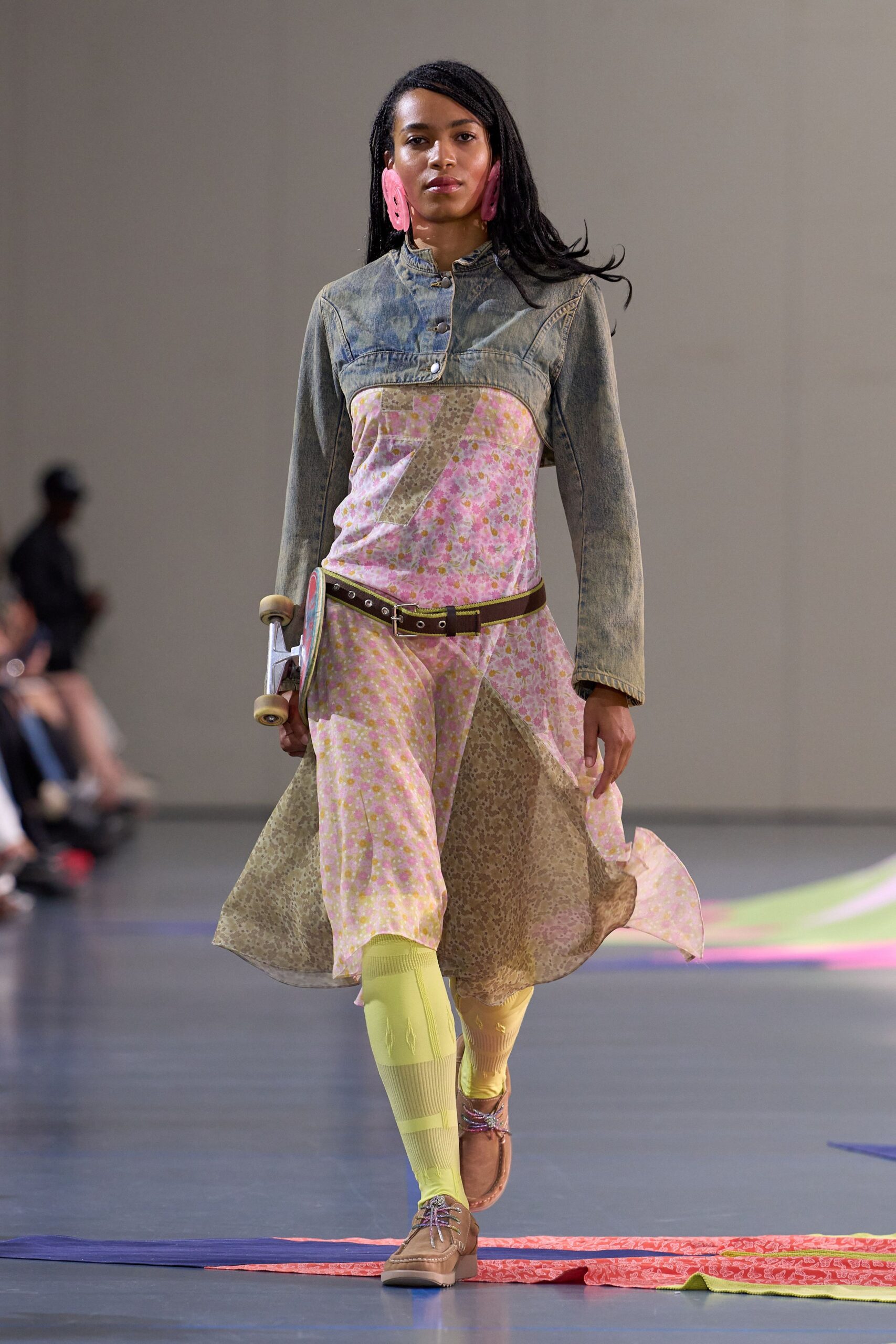 blue denim long-sleeve collared relaxed floral layered dress