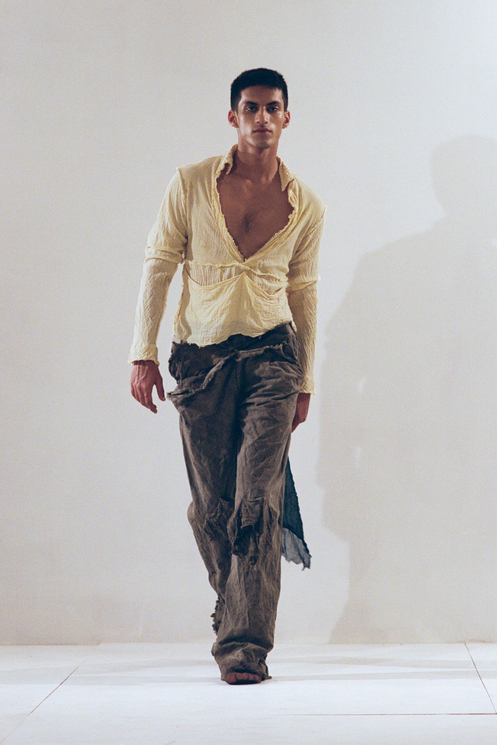 yellow relaxed shirt and green pants
