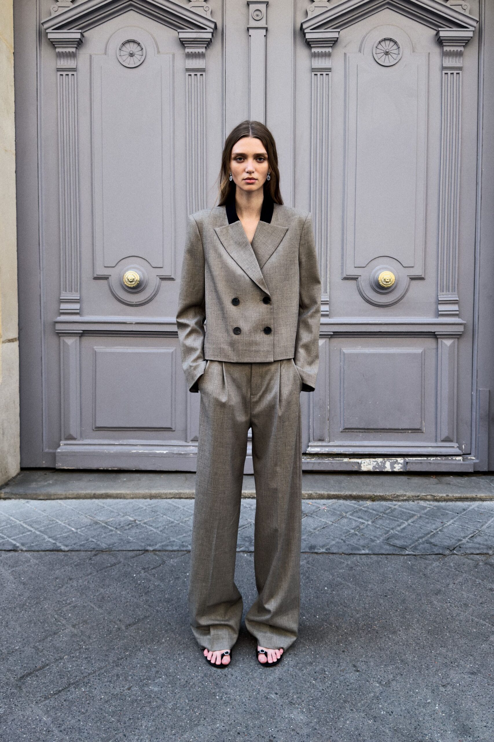 gray wool relaxed wide-leg pants