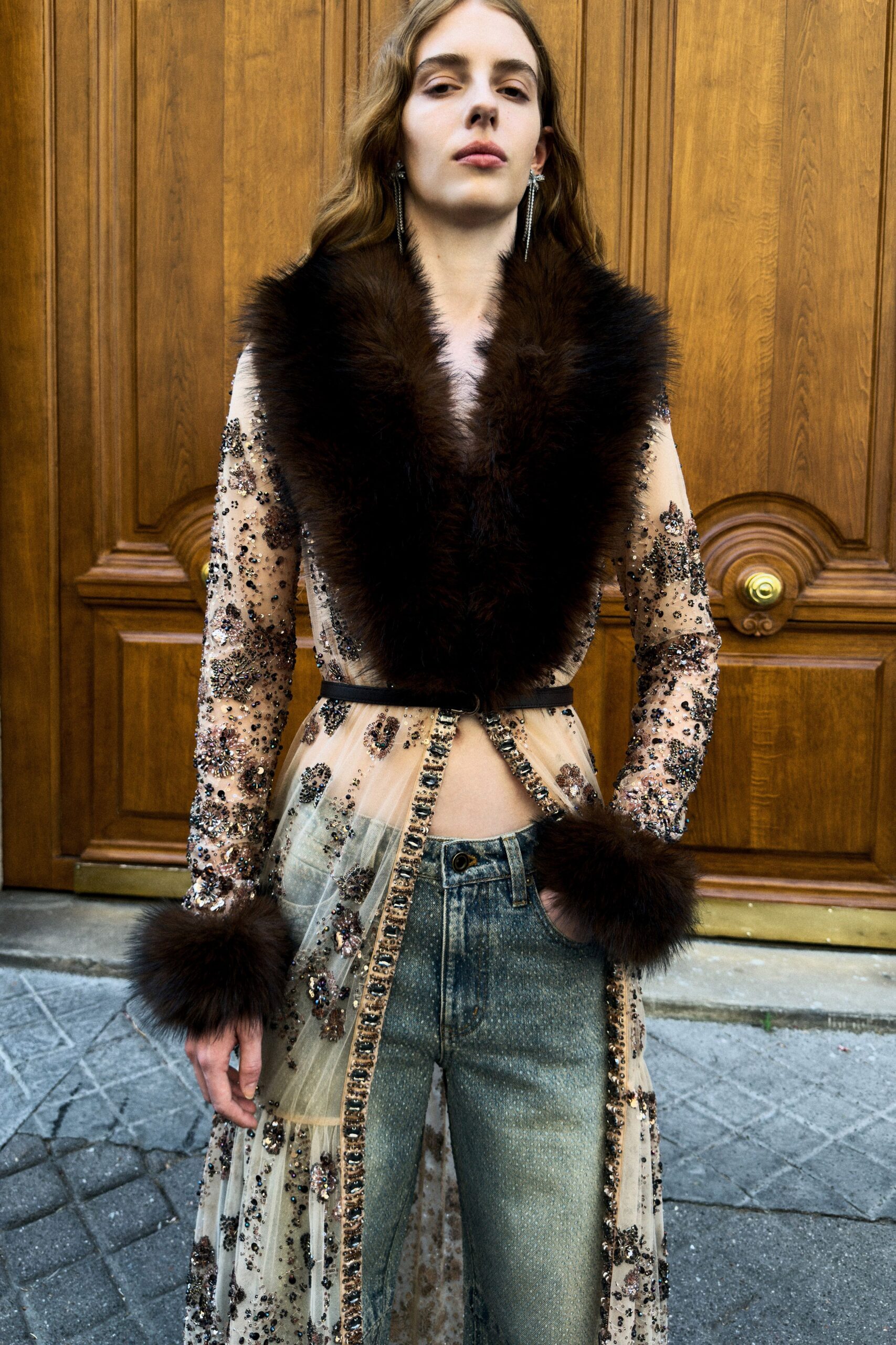 beige silk long-sleeve collared fitted embroidered layered coat