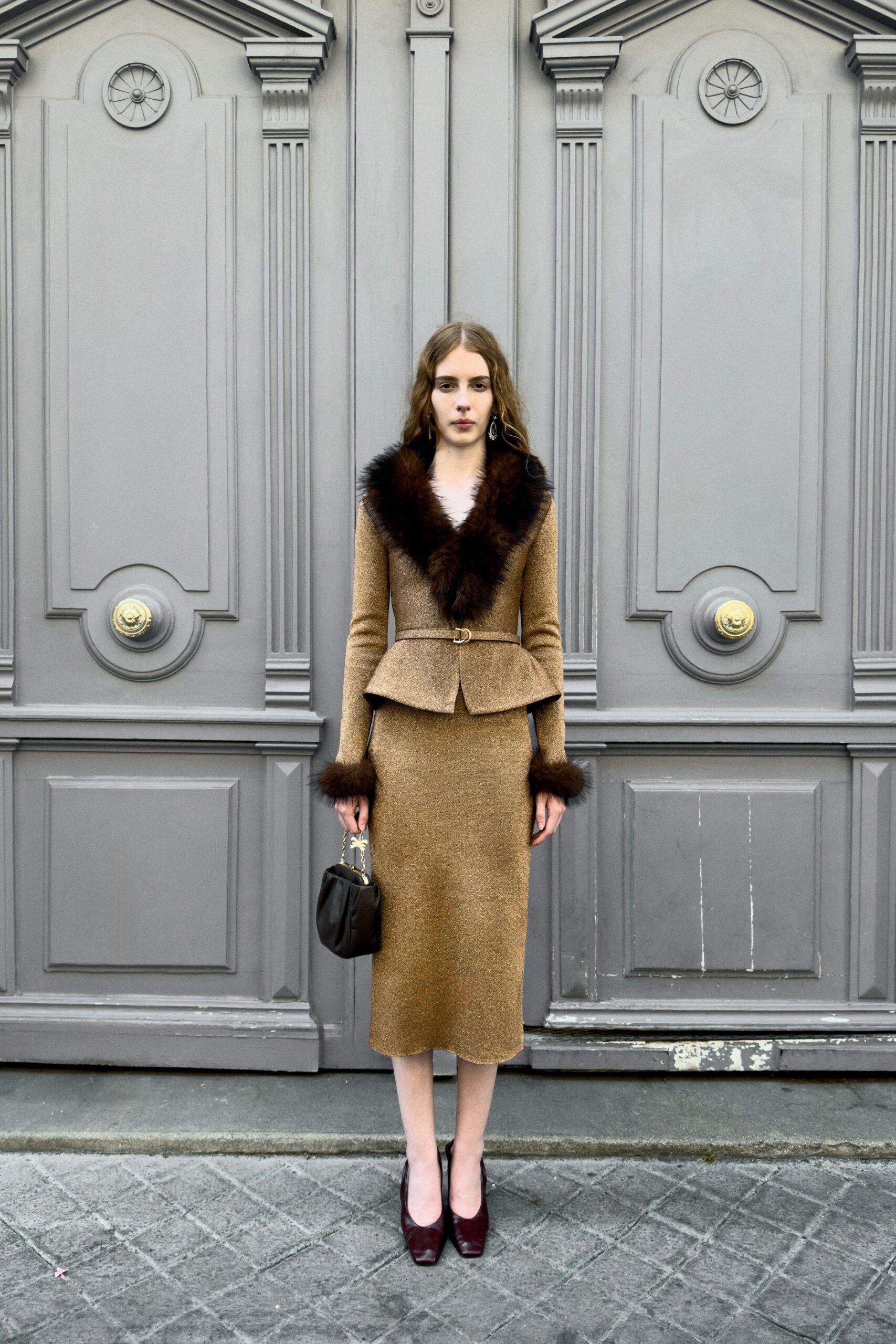 brown wool long-sleeve collared fitted belted blazer
