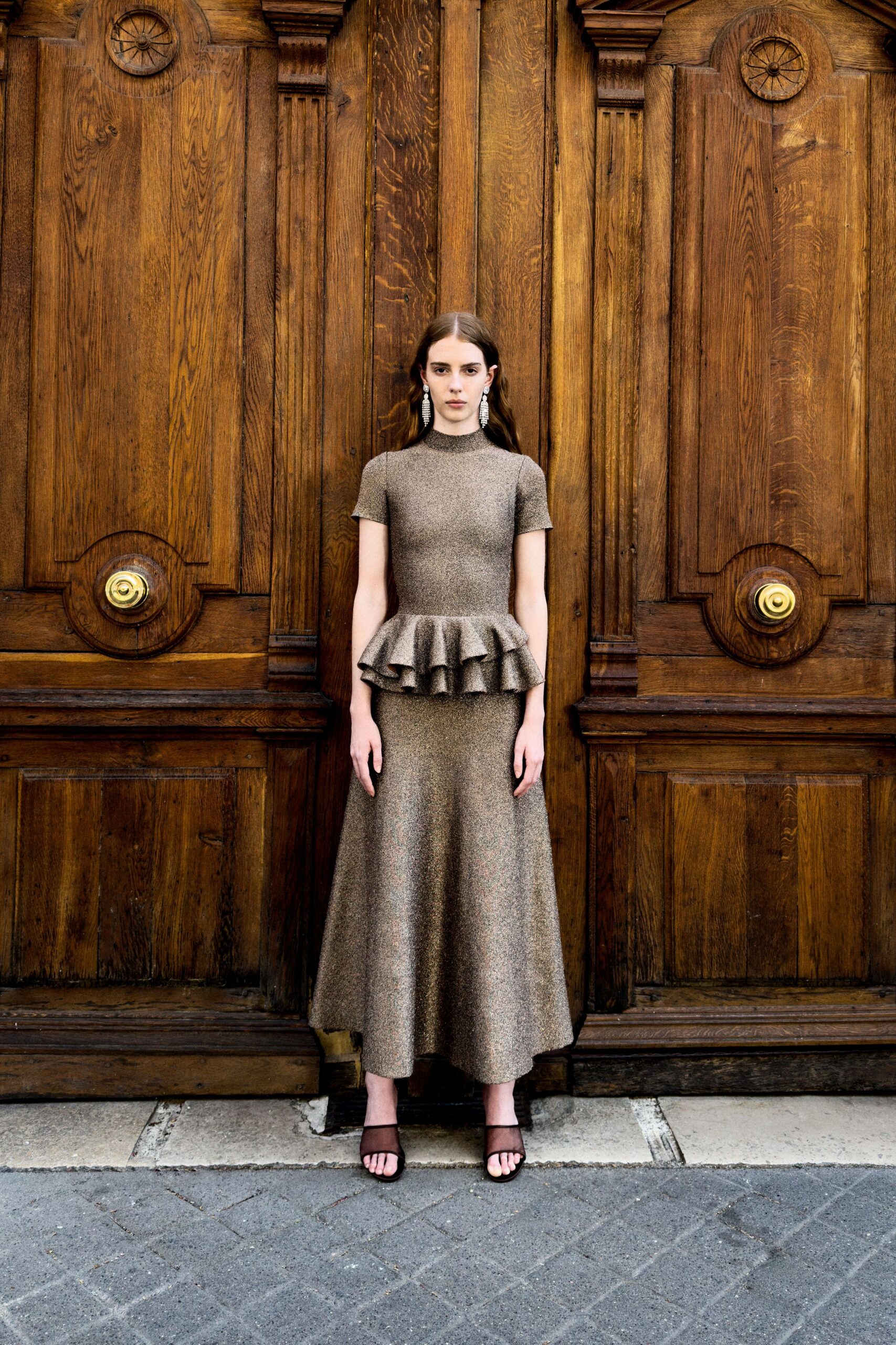 brown wool short-sleeve high-neck fitted flared top