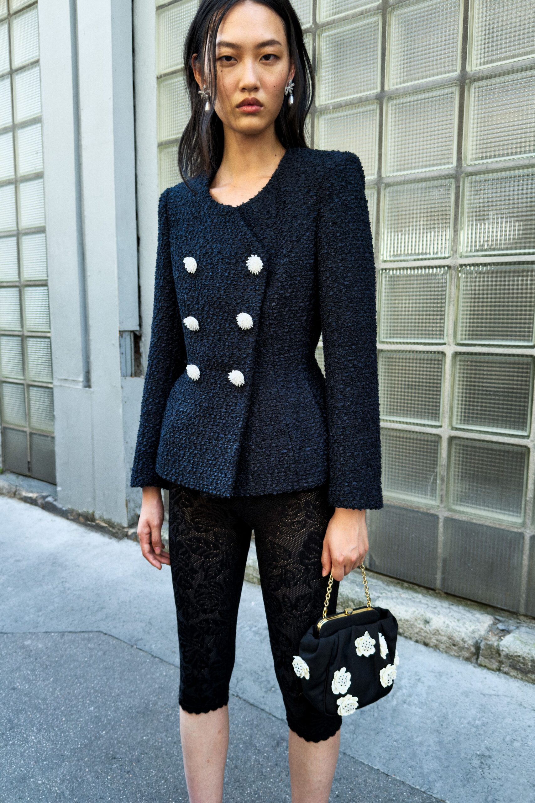 blue tweed long-sleeve high-neck structured buttoned textured jacket