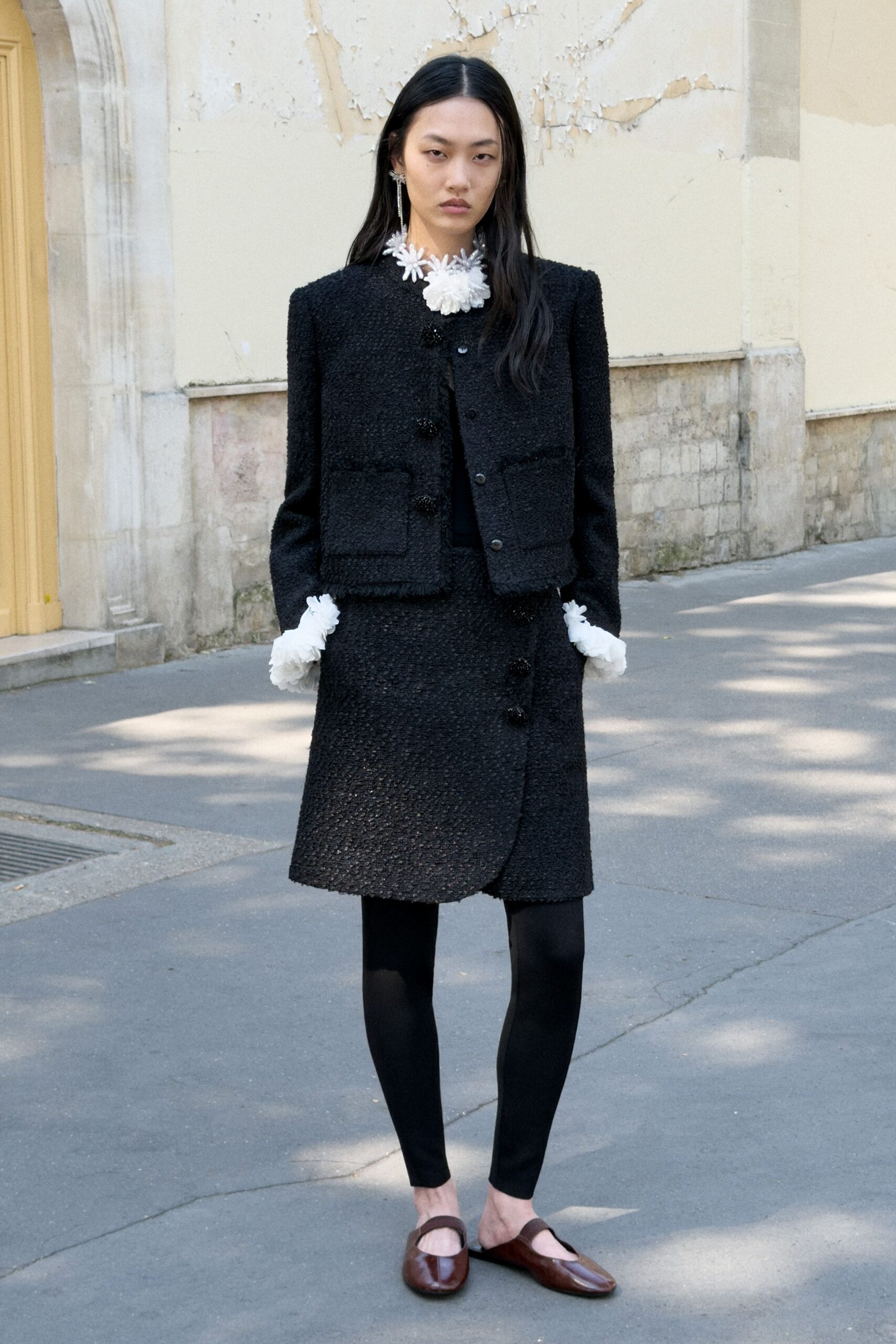 black tweed asymmetric fitted buttoned skirt