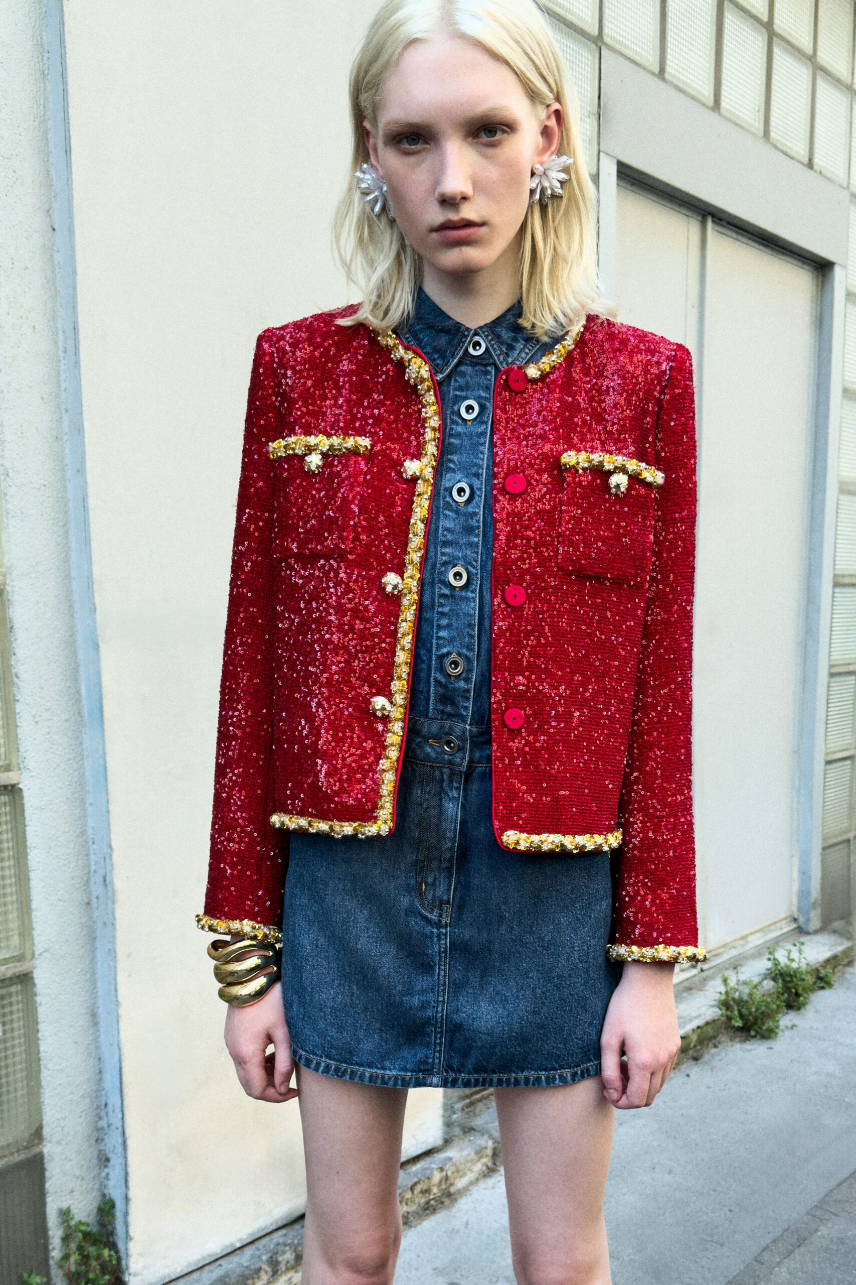 red sequin long-sleeve collared fitted buttoned embellished jacket