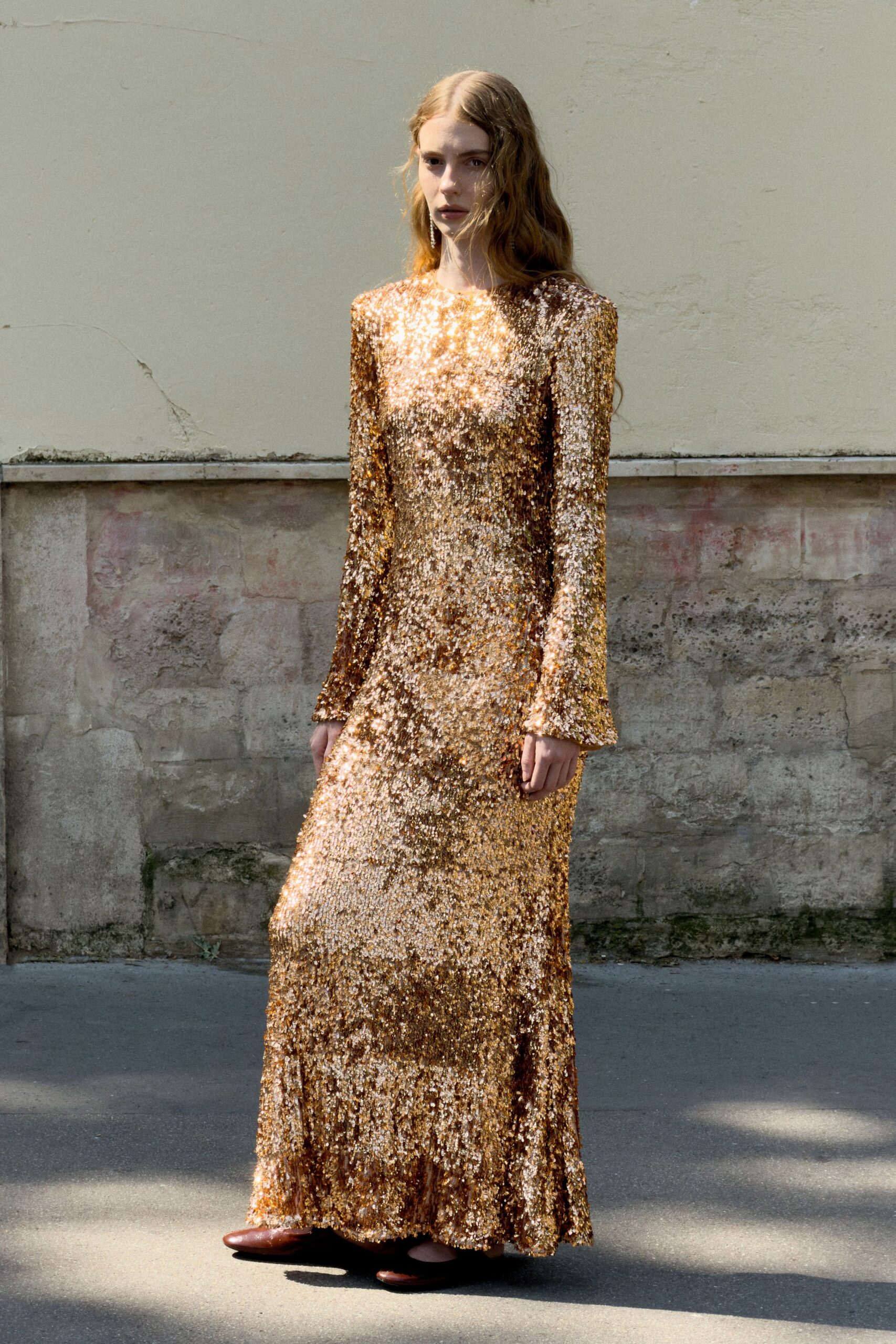 gold sequin long-sleeve high-neck fitted layered shiny gown
