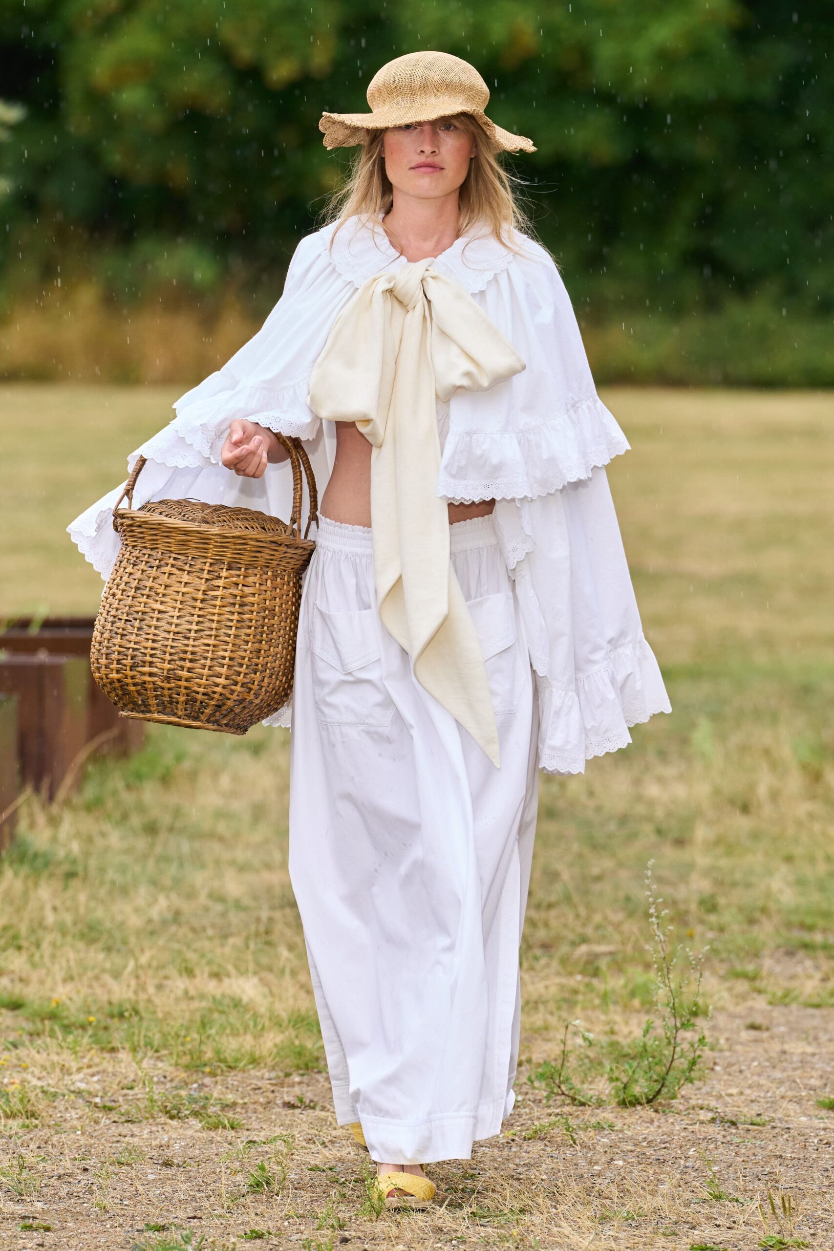 white cotton long-sleeve relaxed ruffled cape
