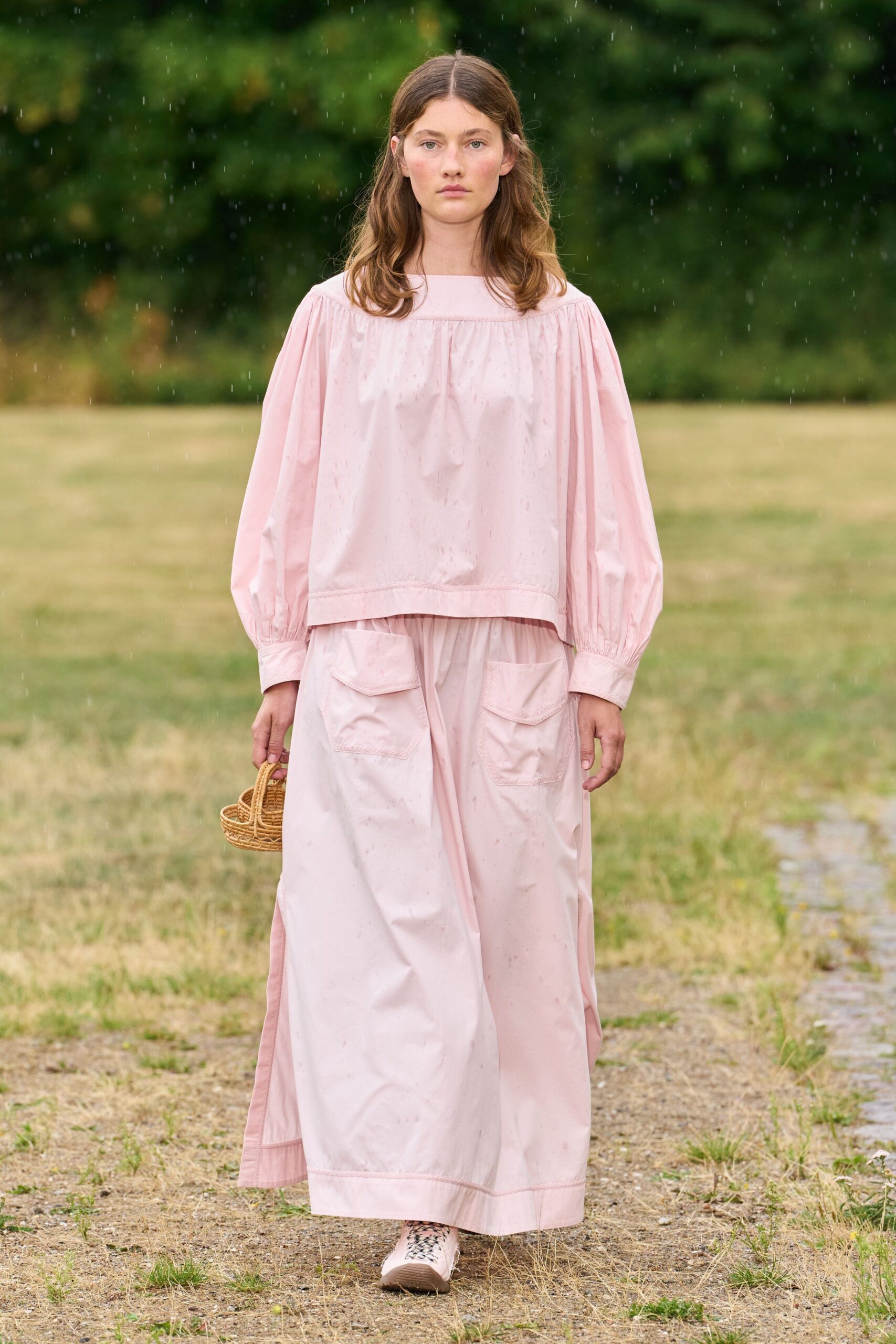 pink cotton asymmetric relaxed tiered maxi skirt