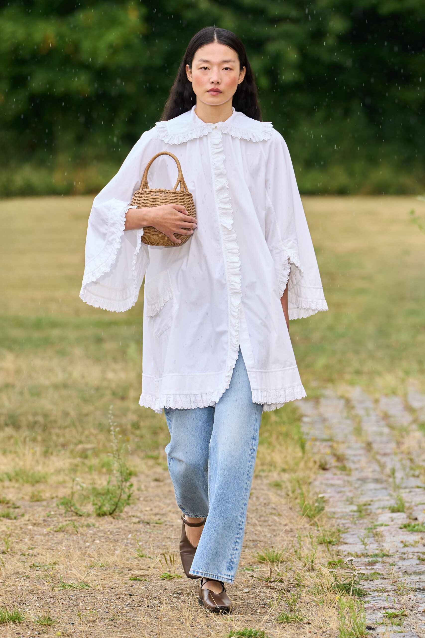 white cotton long-sleeve collared relaxed ruffled coat