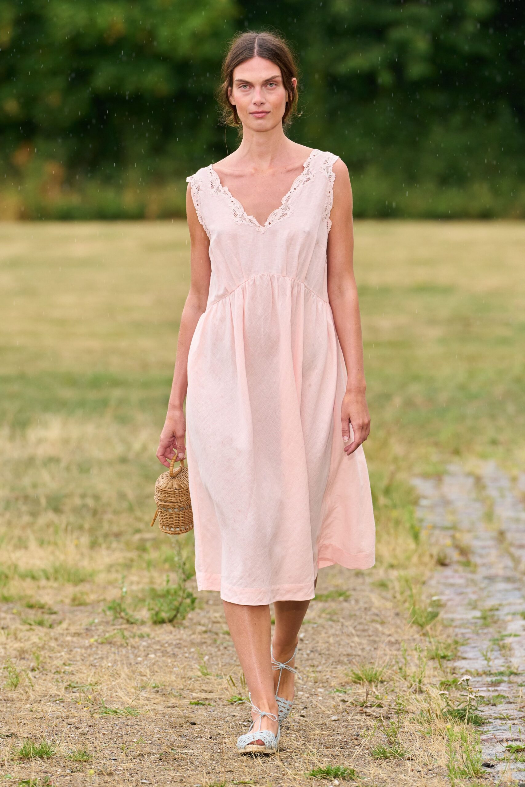 pink cotton sleeveless v-neck relaxed pleated midi dress