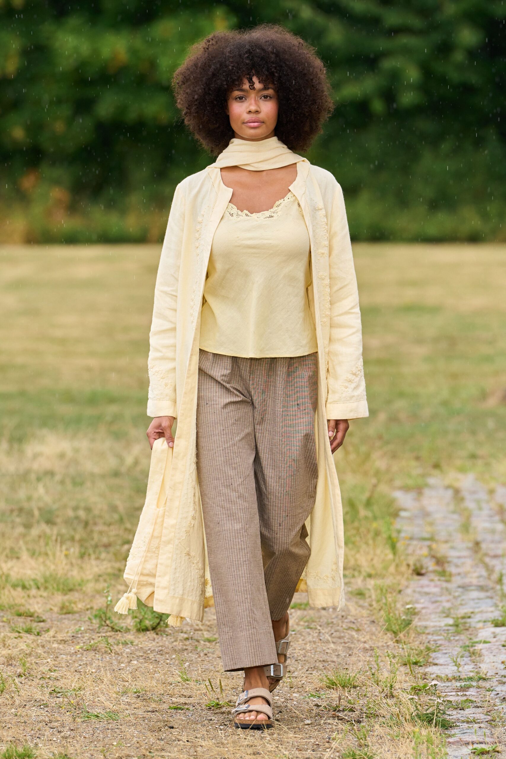 yellow cotton long-sleeve collared relaxed layered maxi coat