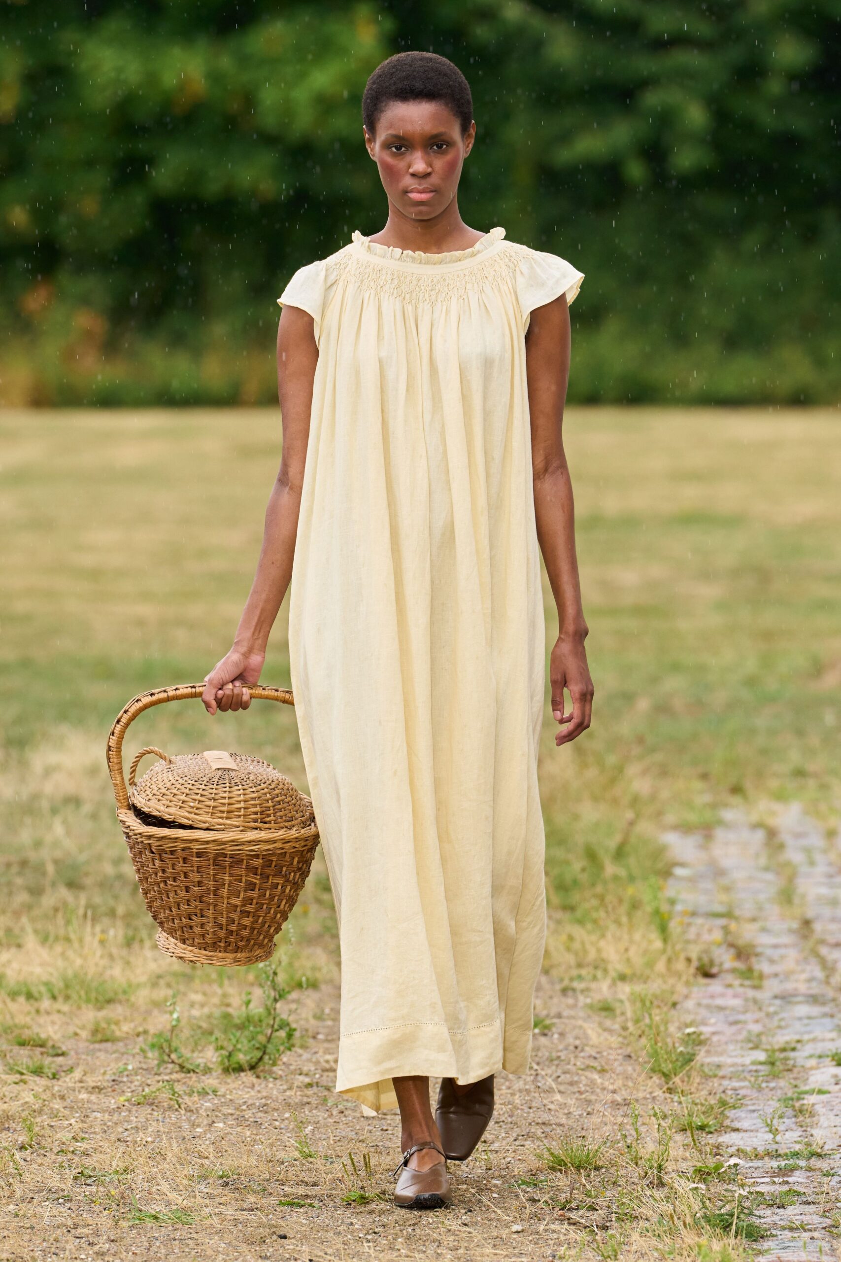 beige cotton sleeveless high-neck relaxed pleated maxi dress