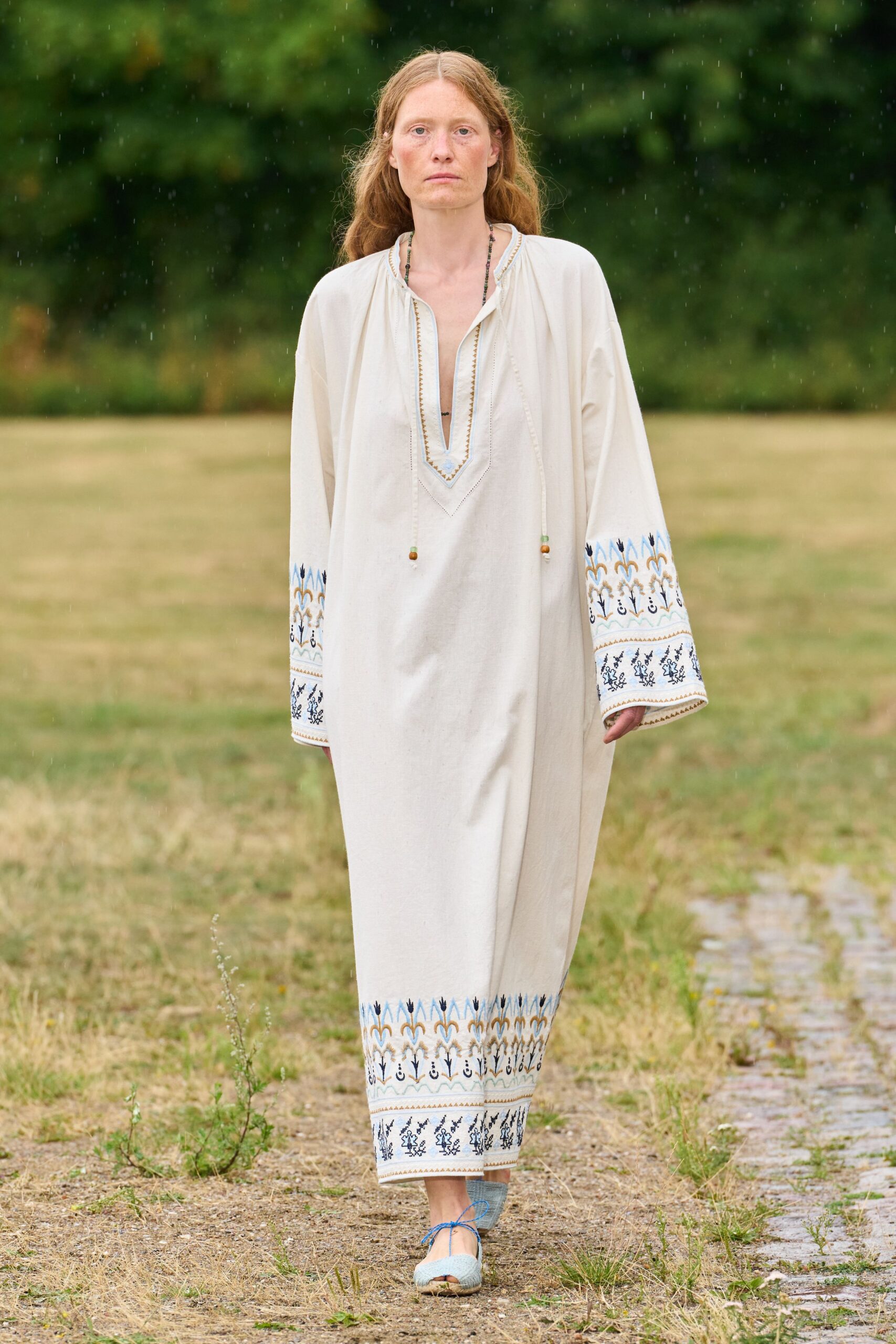 white cotton long-sleeve v-neck relaxed embroidered maxi dress