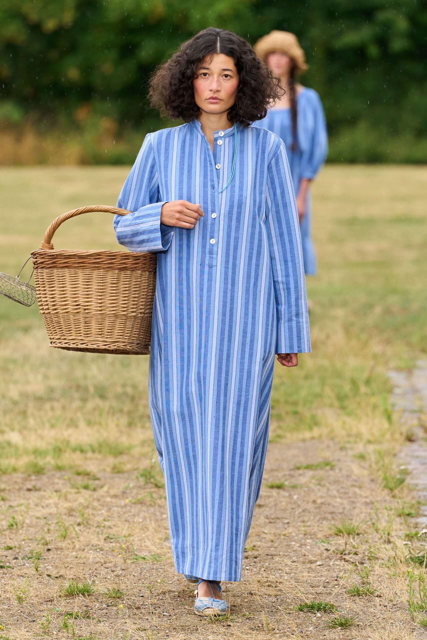 blue cotton long-sleeve collared relaxed striped maxi dress