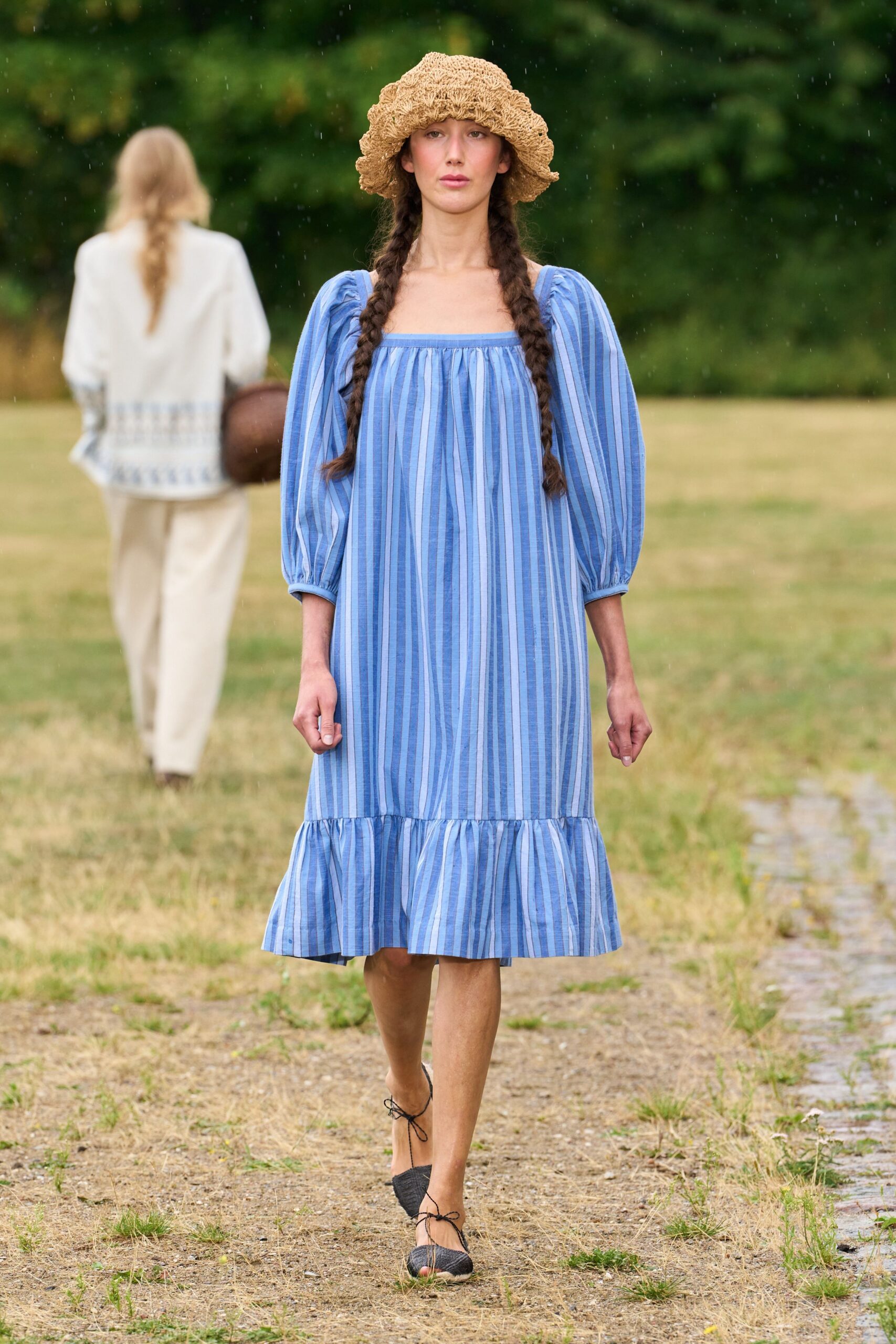 blue cotton sleeveless square-neck relaxed striped tiered dress