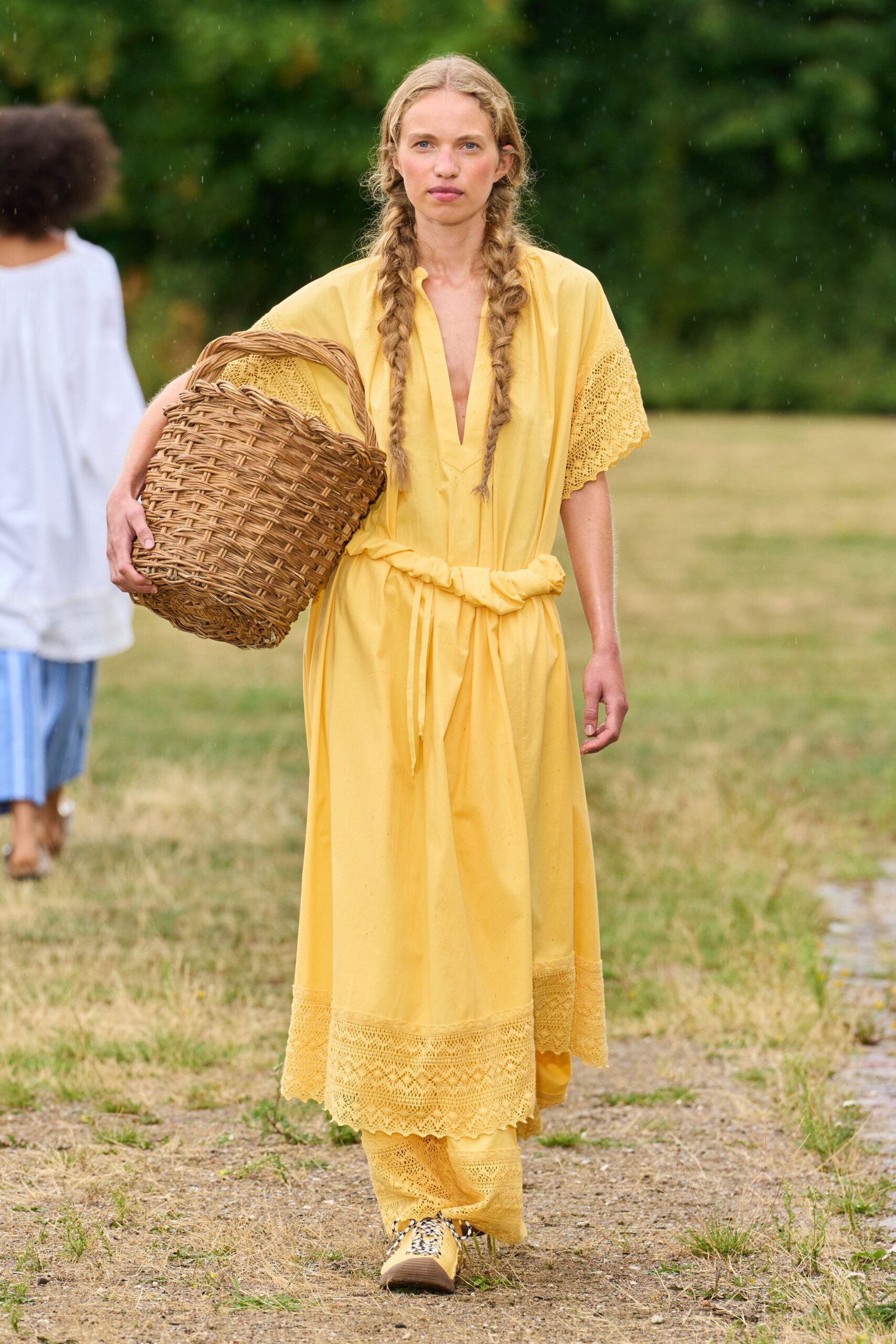 yellow cotton sleeveless v-neck relaxed tiered maxi dress