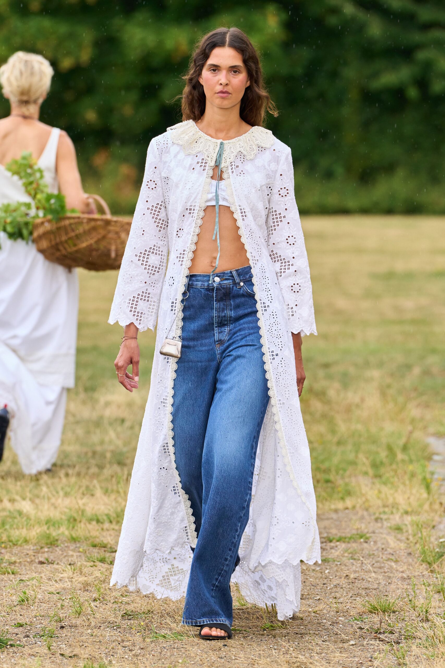 white cotton long-sleeve collared fitted embroidered layered dress