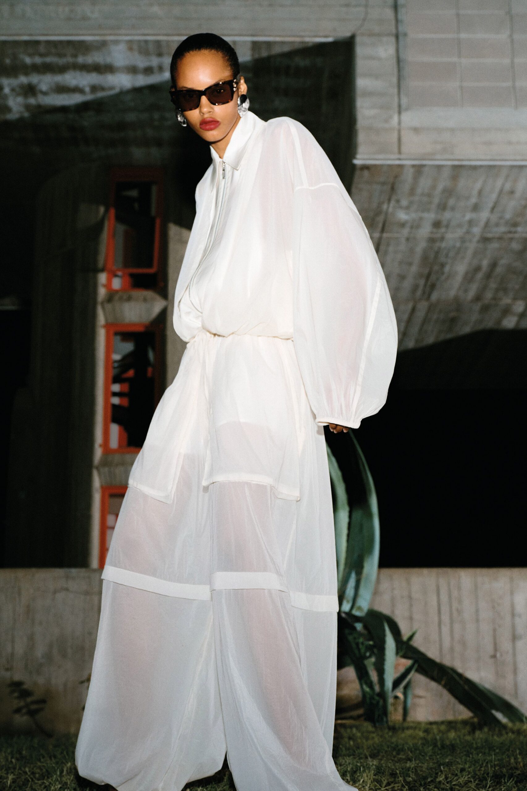 white chiffon long-sleeve collared relaxed layered sheer dress