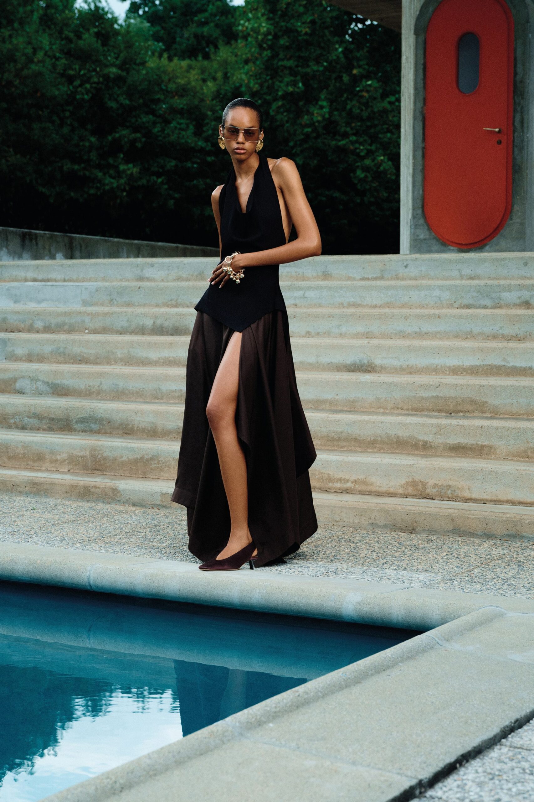 black silk sleeveless v-neck fitted layered midi dress