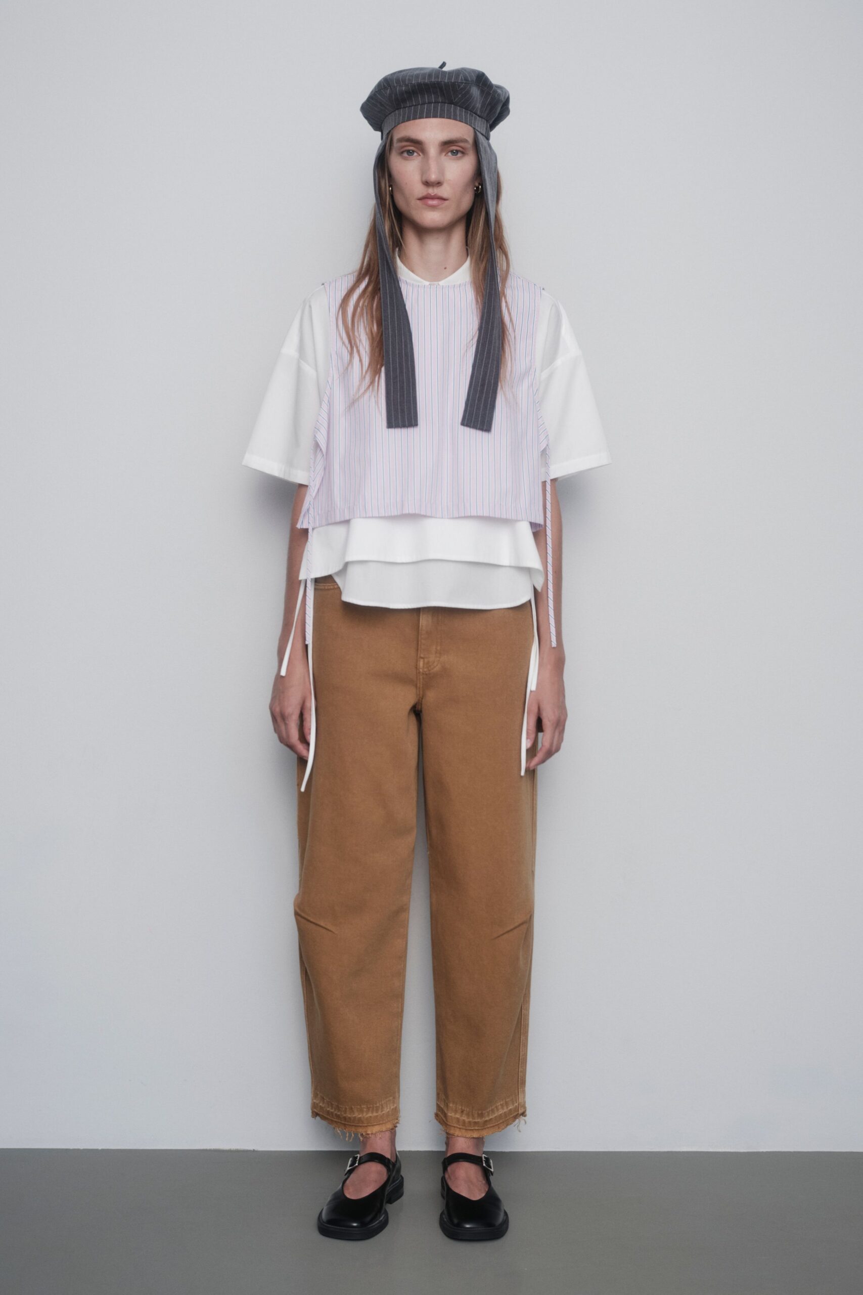 white cotton short-sleeve collared relaxed striped top