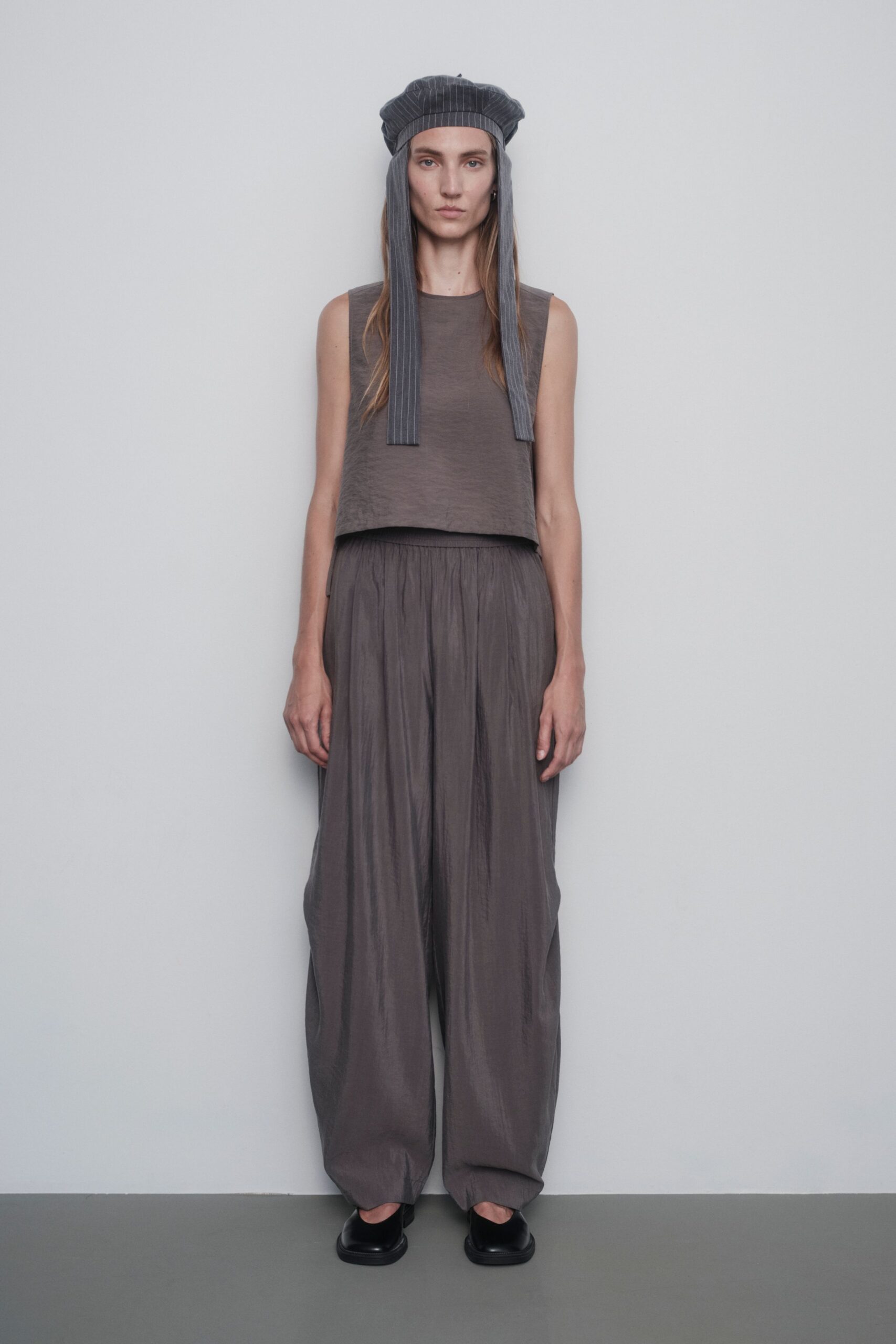 gray silk relaxed pleated pants
