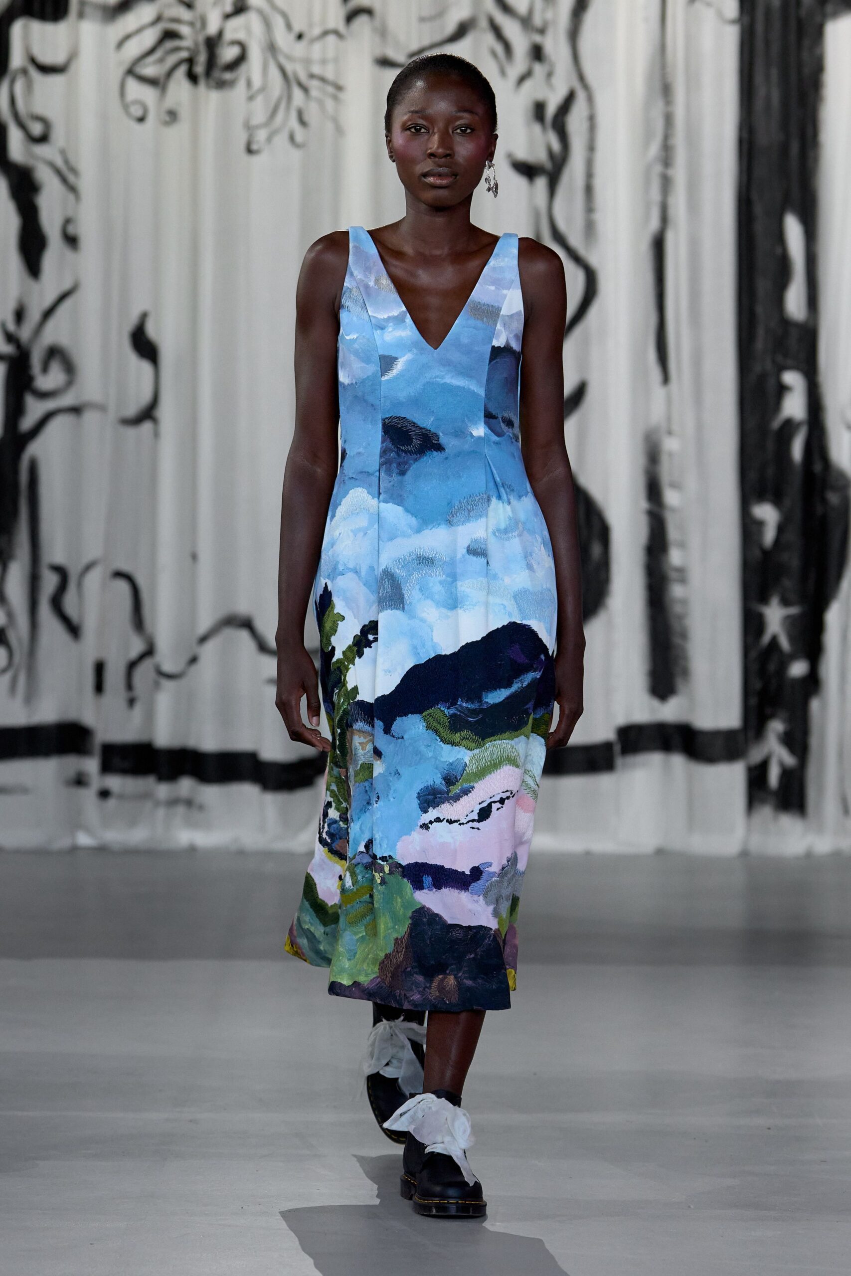 blue silk sleeveless v-neck fitted printed midi dress